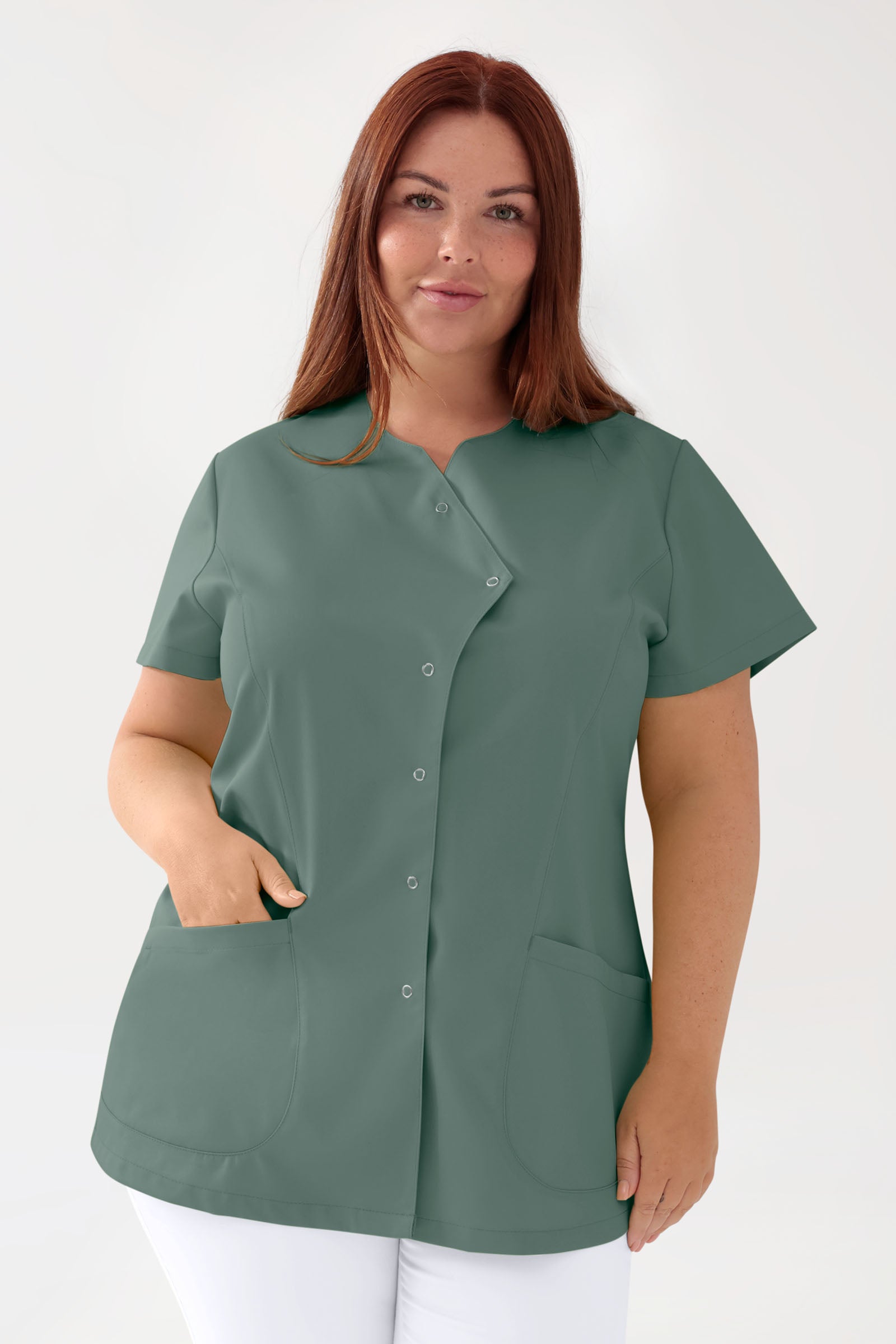 GREEN Stretch Kasack Damen - asymmetrische Druckknopfleiste dunkelgrün, Vorderansicht