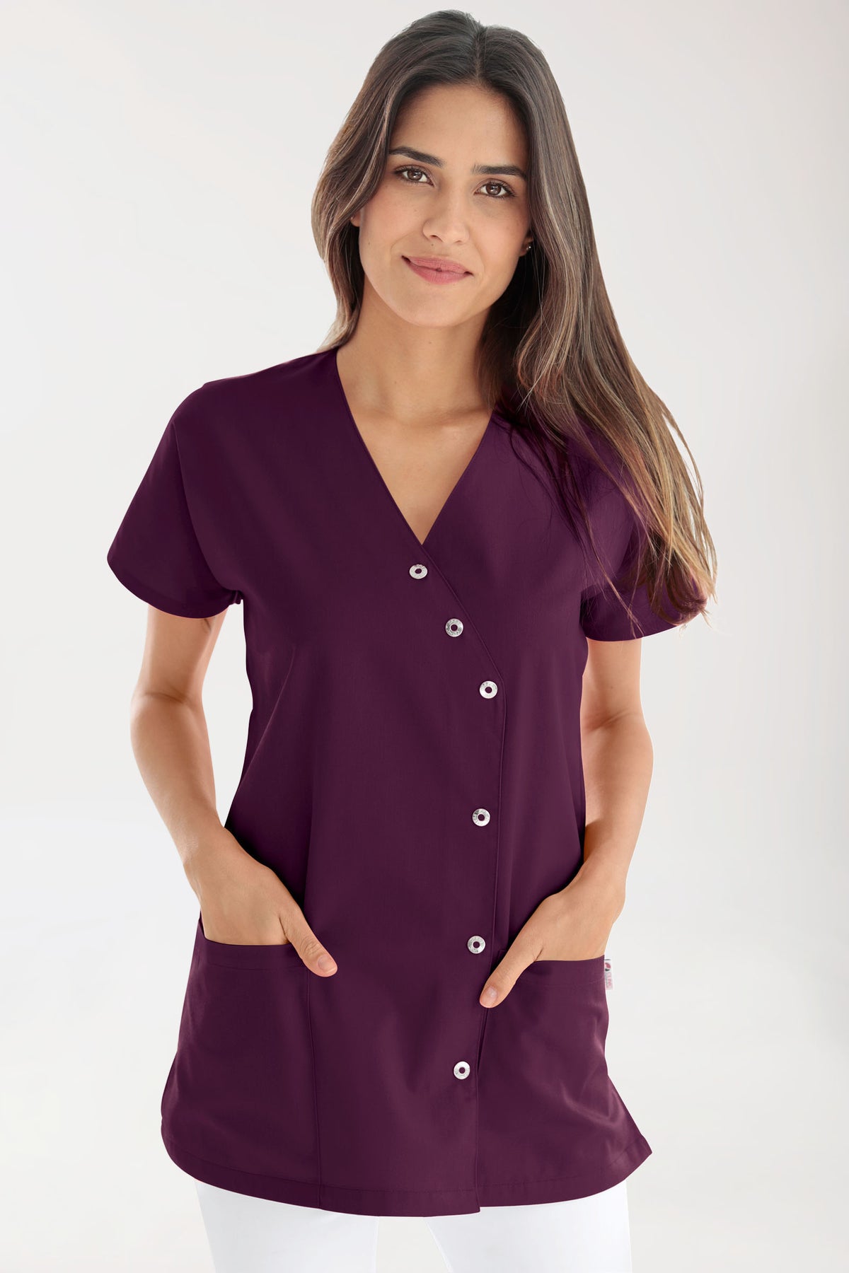 Beauty Kasack Damen - asymmetrische Druckknopfleiste pflaume