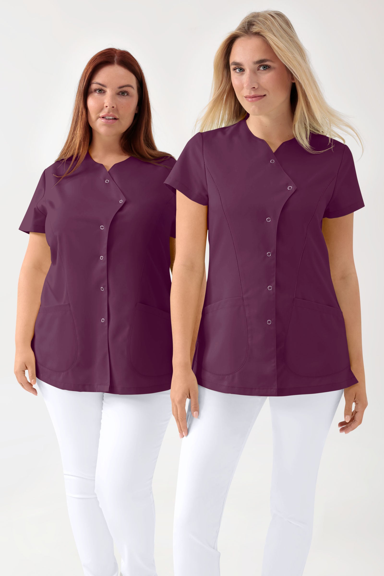 GREEN Stretch Kasack Damen - asymmetrische Druckknopfleiste pflaume