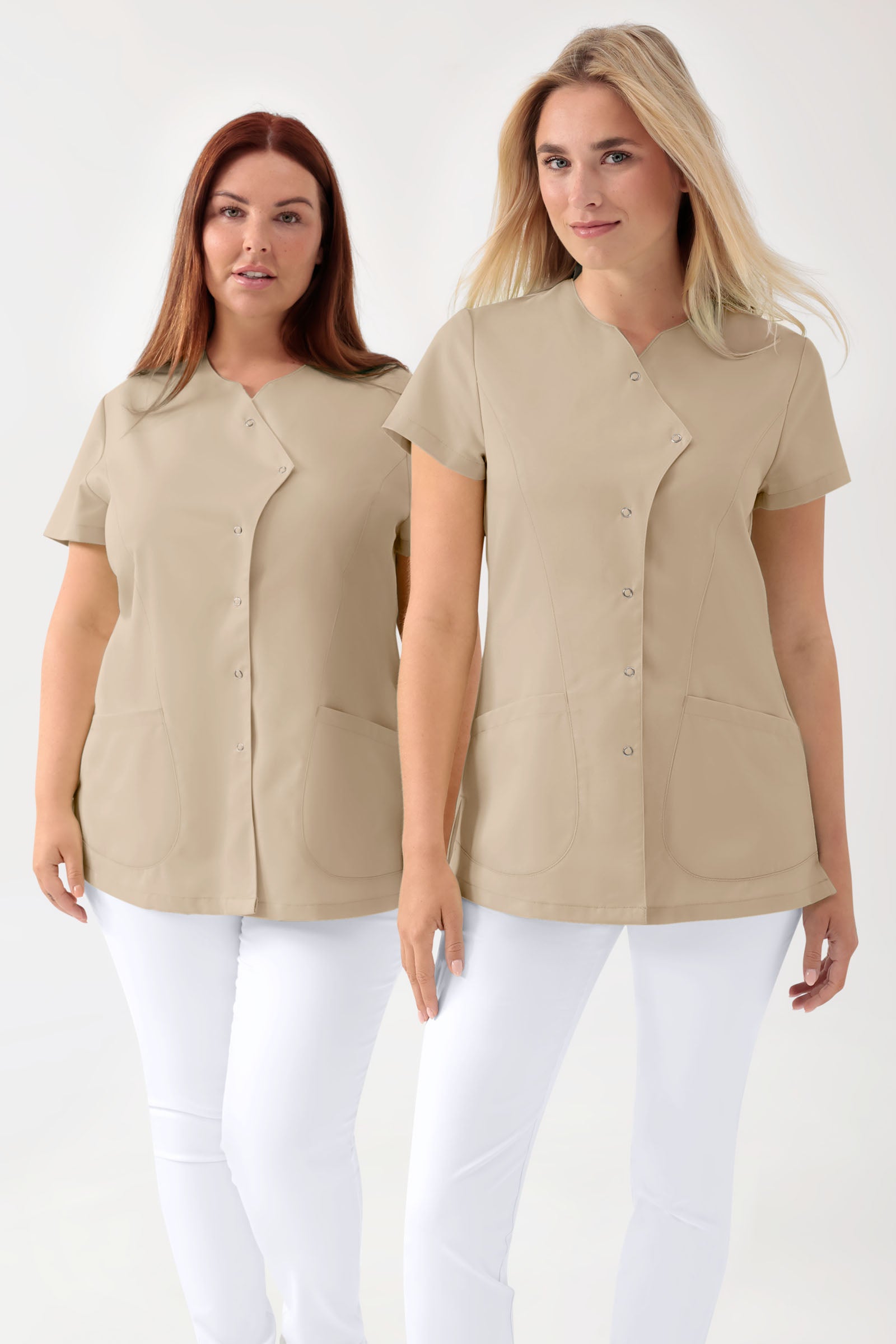 GREEN Stretch Kasack Damen - asymmetrische Druckknopfleiste sand