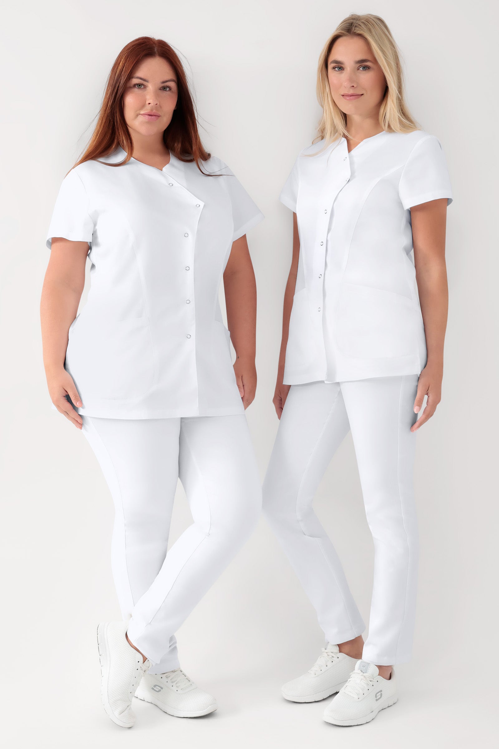 GREEN Stretch Kasack Damen - asymmetrische Druckknopfleiste weiß