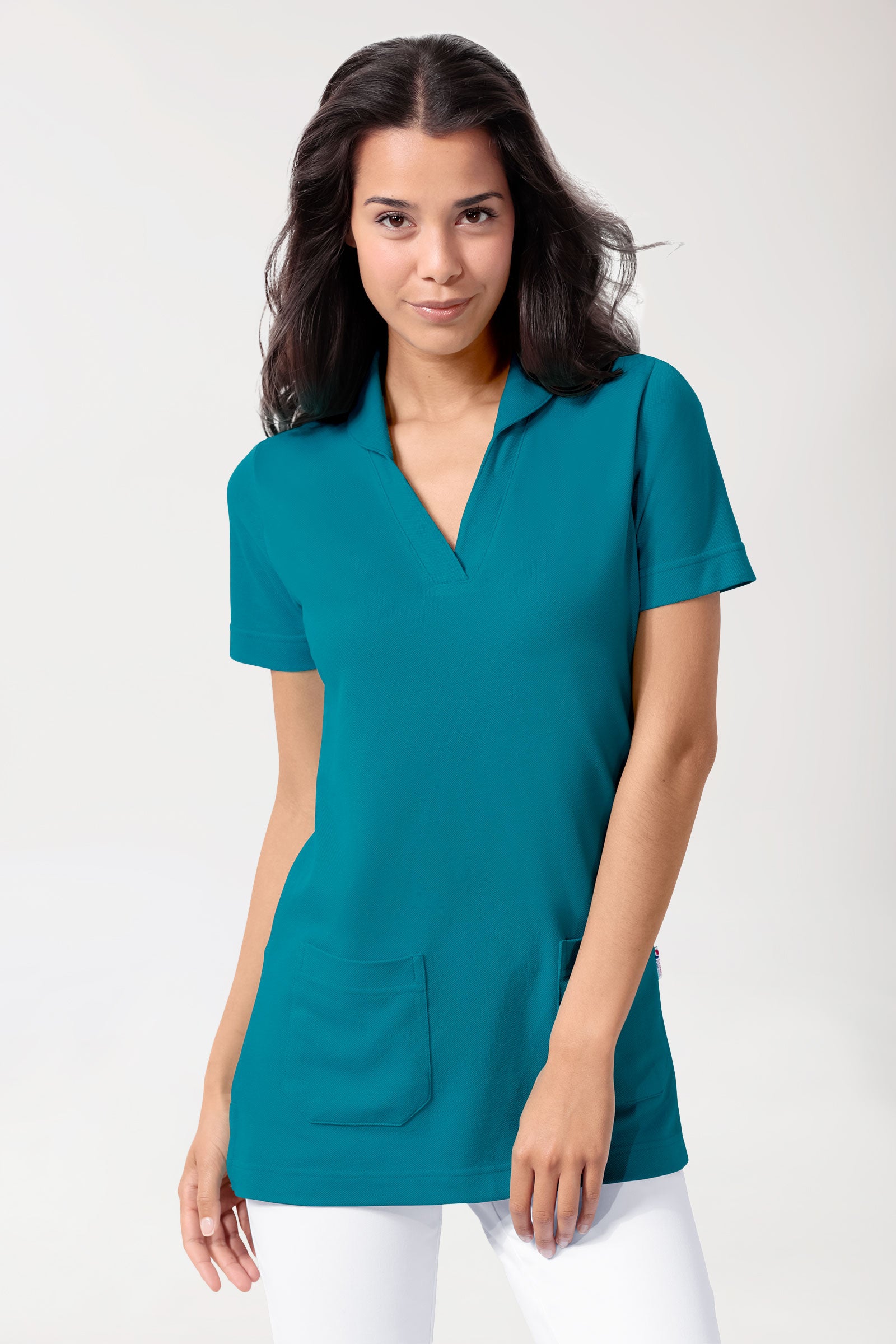 Piqué Longshirt Damen - mit Kragen petrol