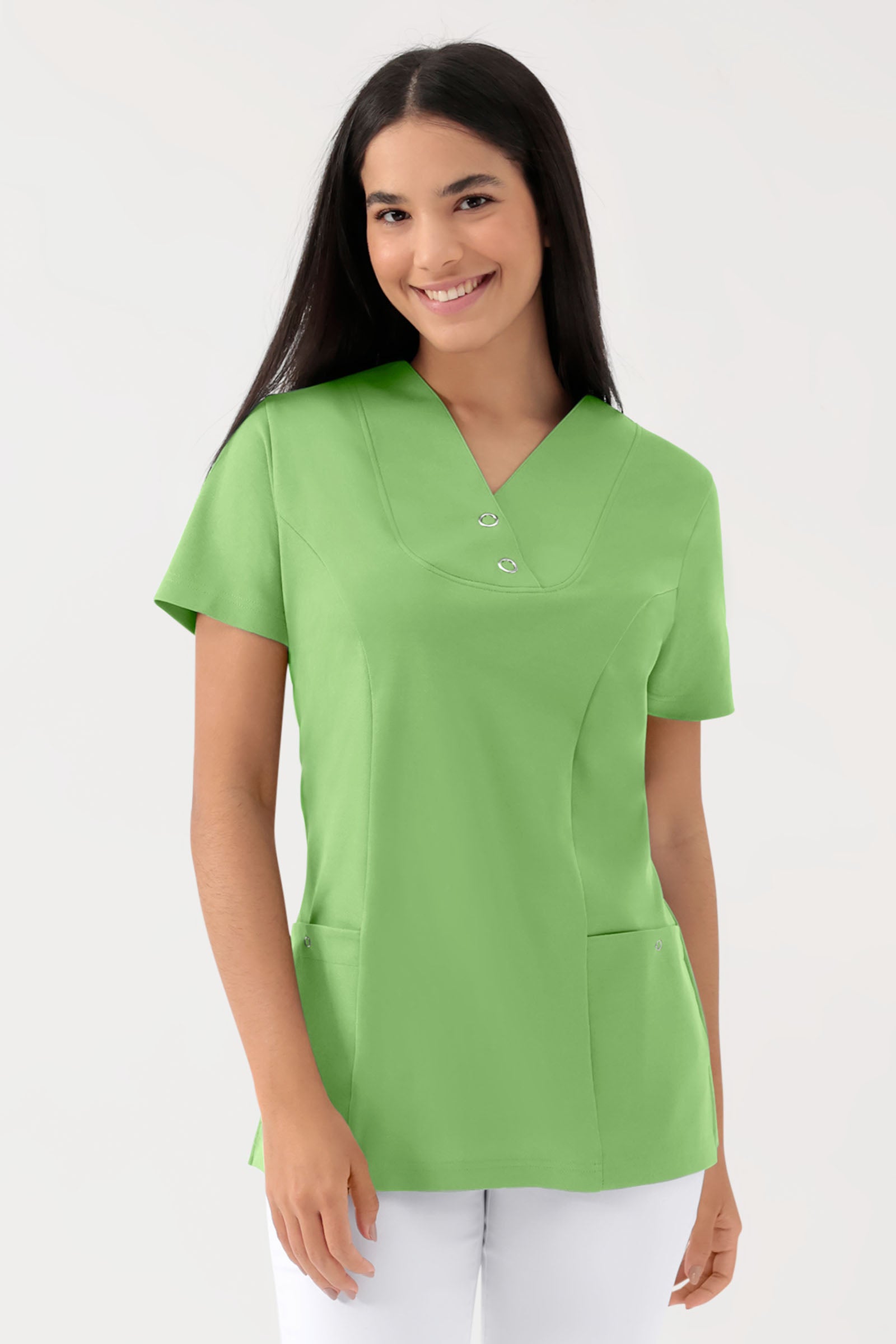COMFY FLEX Stretch Schlupfkasack Damen - mit Druckknöpfen apfelgrün, Vorderansicht