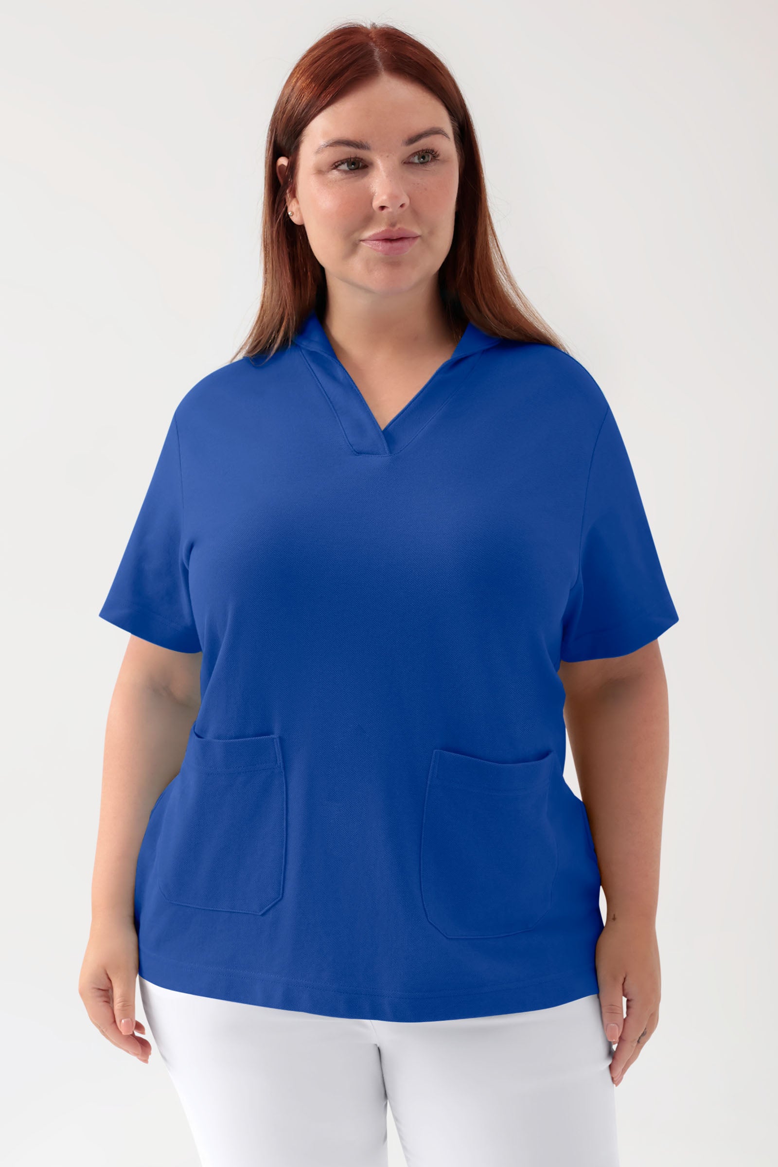 COMFY FLEX Stretch Schlupfkasack Damen - Schalkragen königsblau, Vorderansicht
