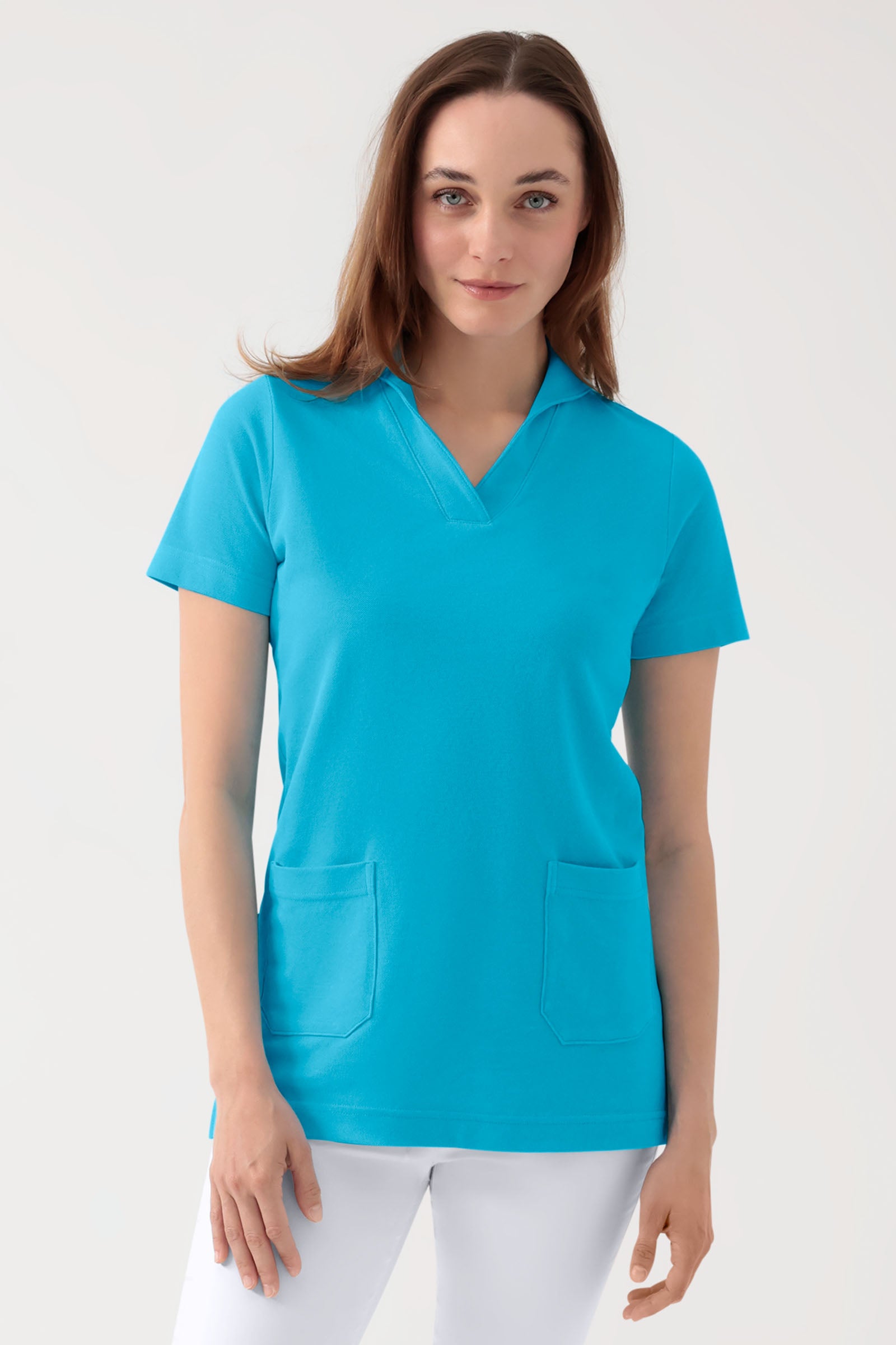 COMFY FLEX Stretch Schlupfkasack Damen - Schalkragen türkis, Vorderansicht