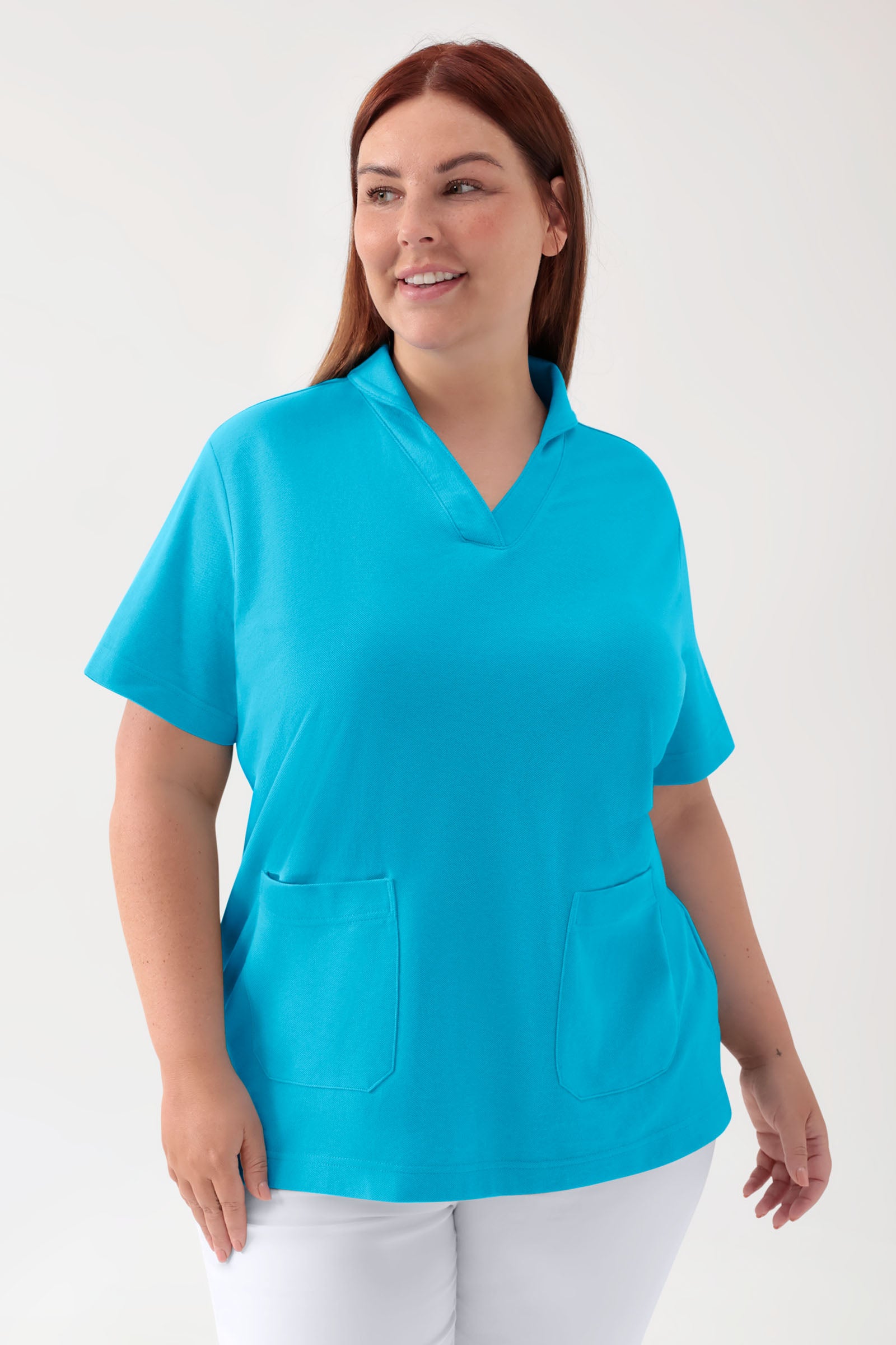COMFY FLEX Stretch Schlupfkasack Damen - Schalkragen türkis, Vorderansicht