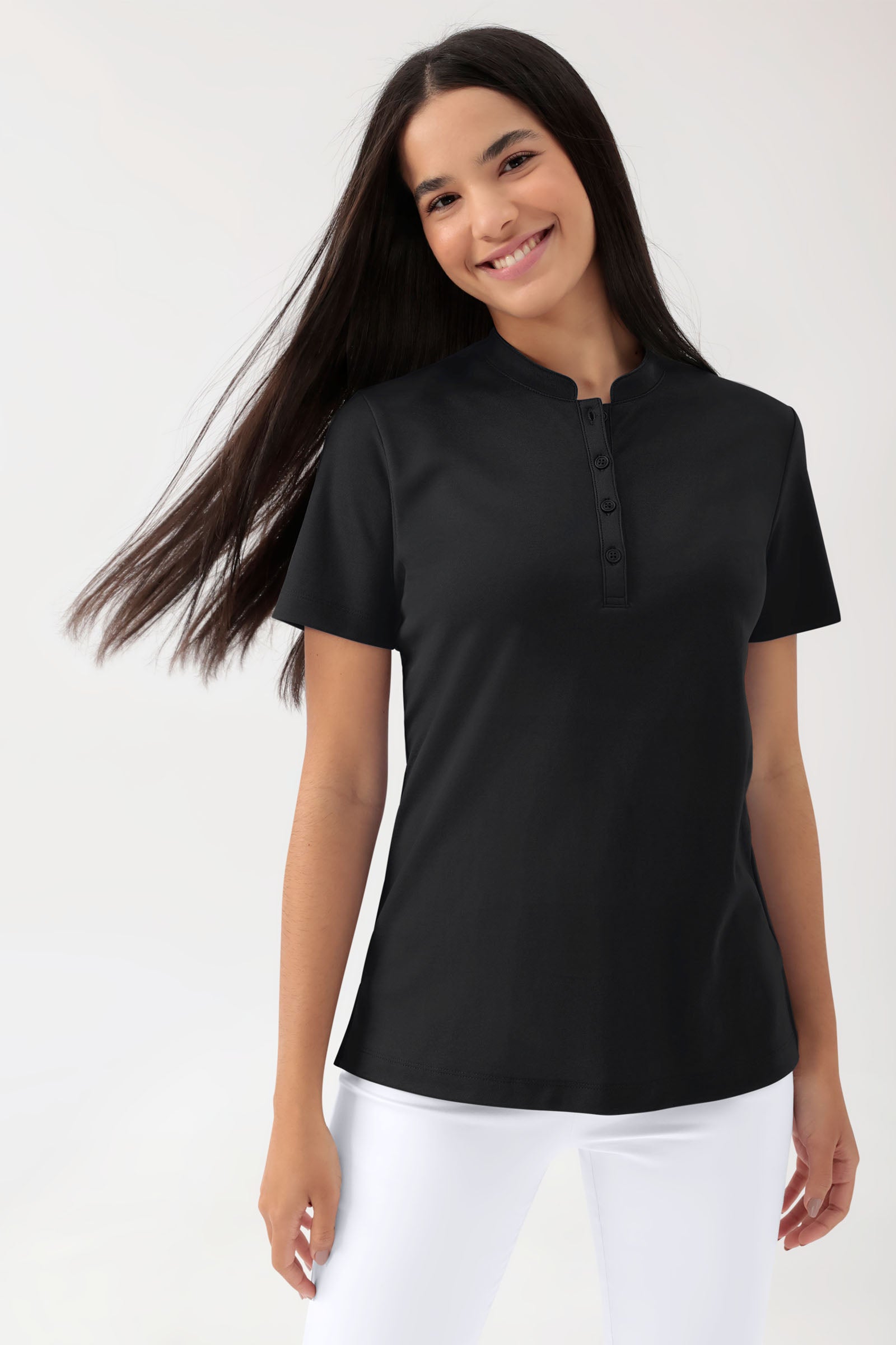 COMFY FLEX Stretch Shirt Damen - Stehkragen schwarz, Vorderansicht