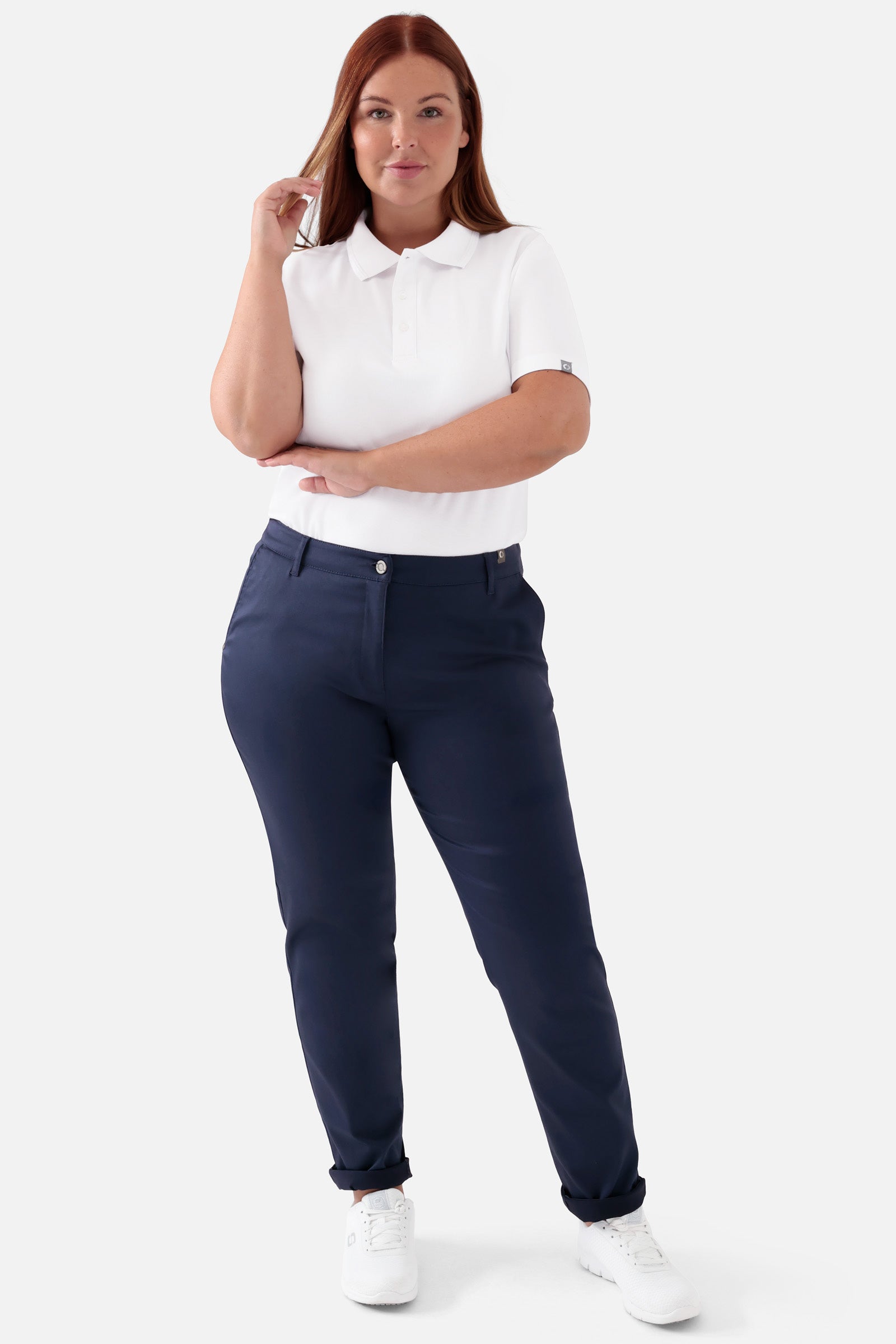 COMFY FLEX Hose Damen - Chino Style navy, Vorderansicht Das Model ist 173 cm groß und trägt Größe 46