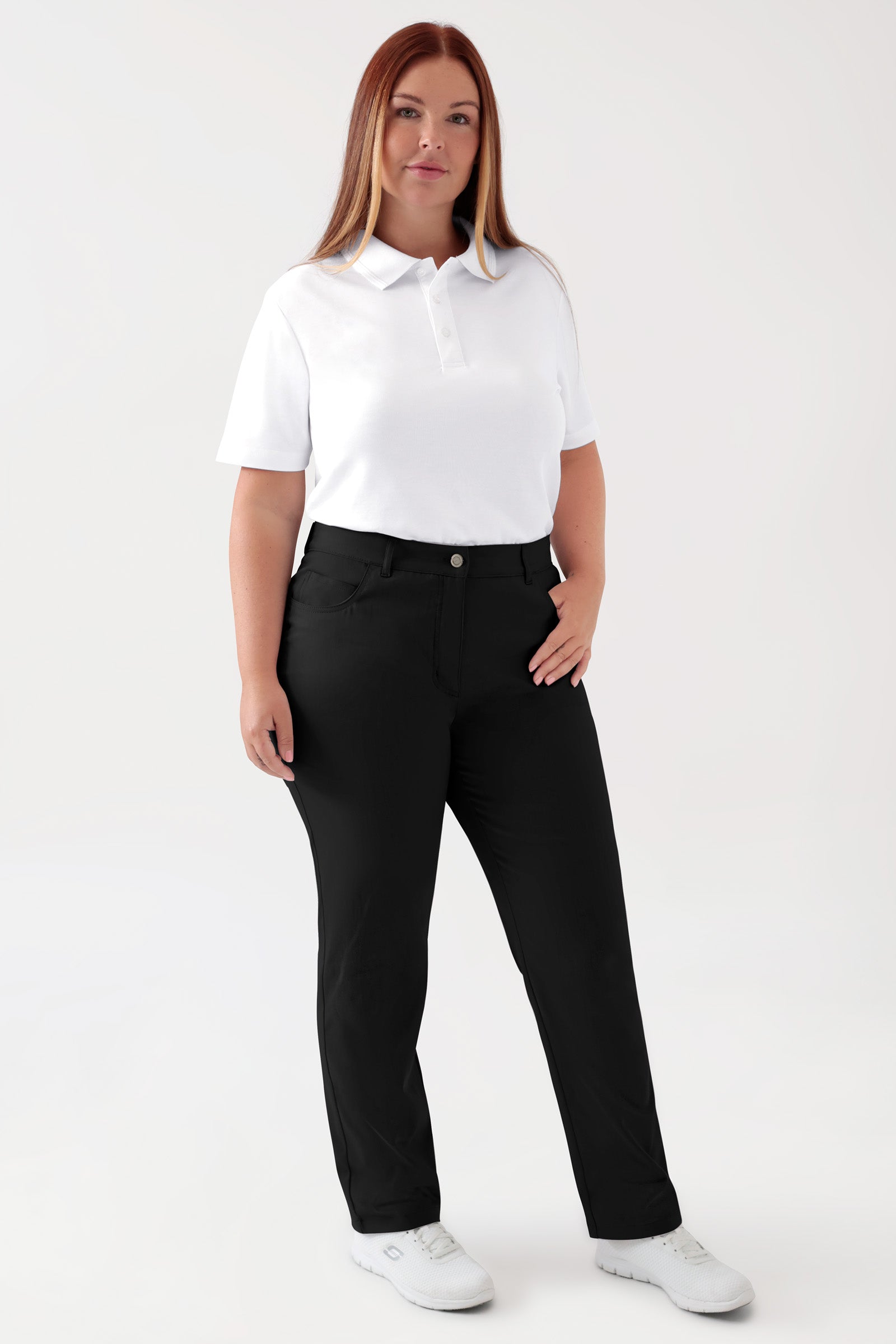 COMFY FLEX 5-Pocket Hose Damen - gerades Bein schwarz, Vorderansicht Das Model ist 173 cm groß und trägt Größe 46