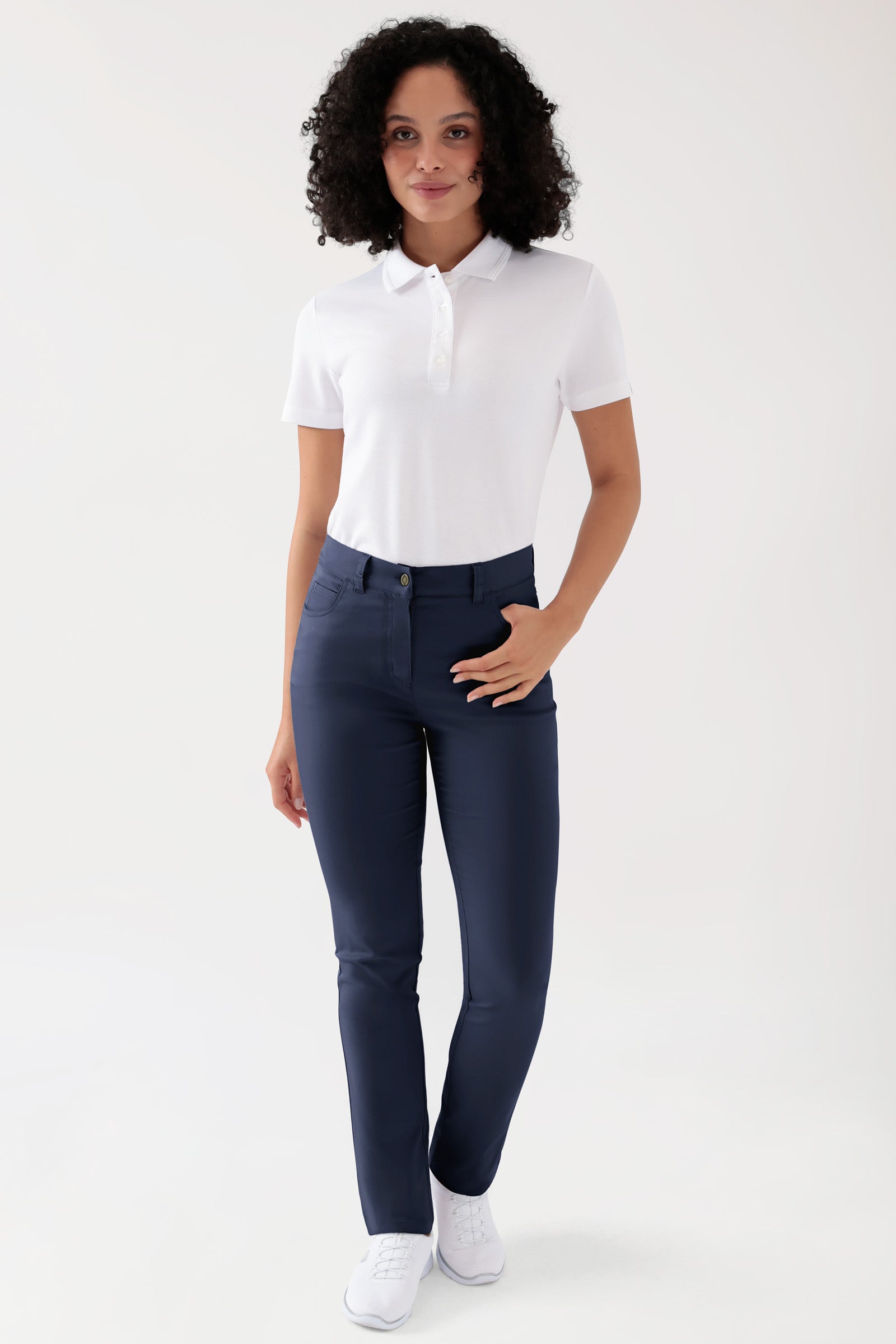 COMFY FLEX 5-Pocket Hose Damen - gerades Bein navy, Vorderansicht Das Model ist 176 cm groß und trägt Größe 36