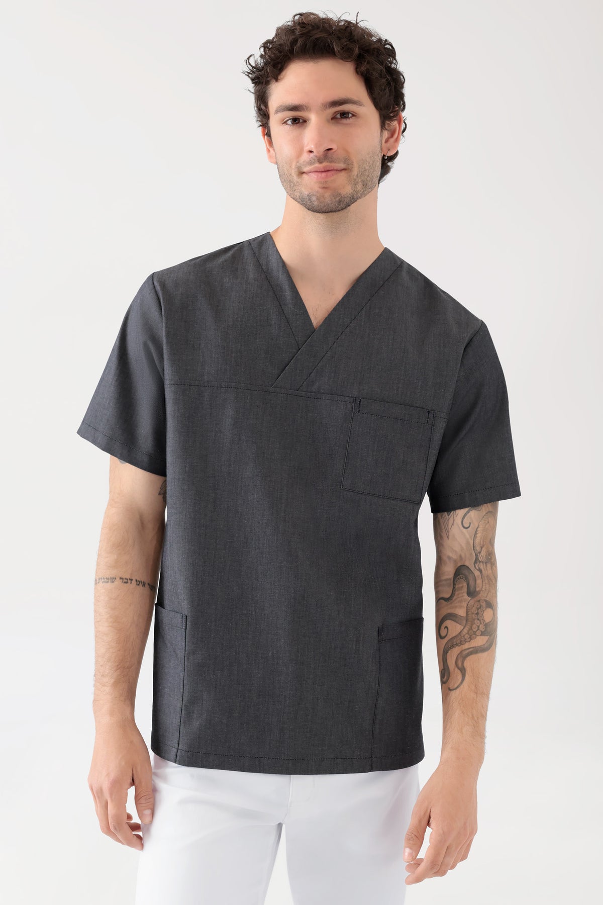 Stretch Schlupfkasack Unisex - V-Ausschnitt jeansschwarz, Vorderansicht