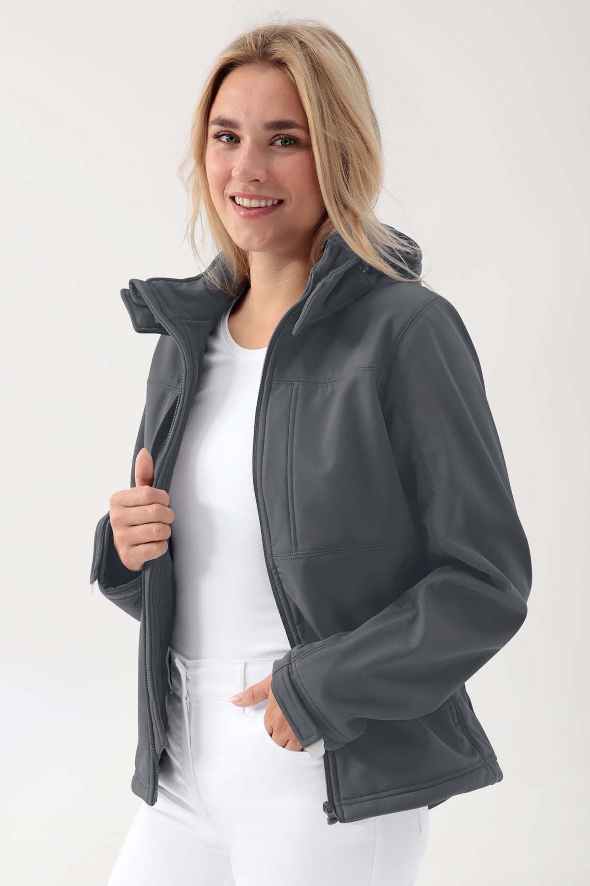Softshell Jacken Unisex - abnehmbare Kapuze erzgrau