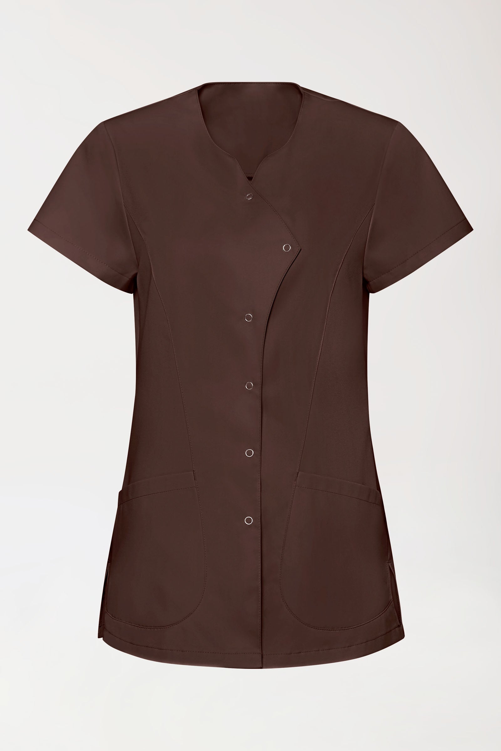 GREEN Stretch Kasack Damen - asymmetrische Druckknopfleiste coffee
