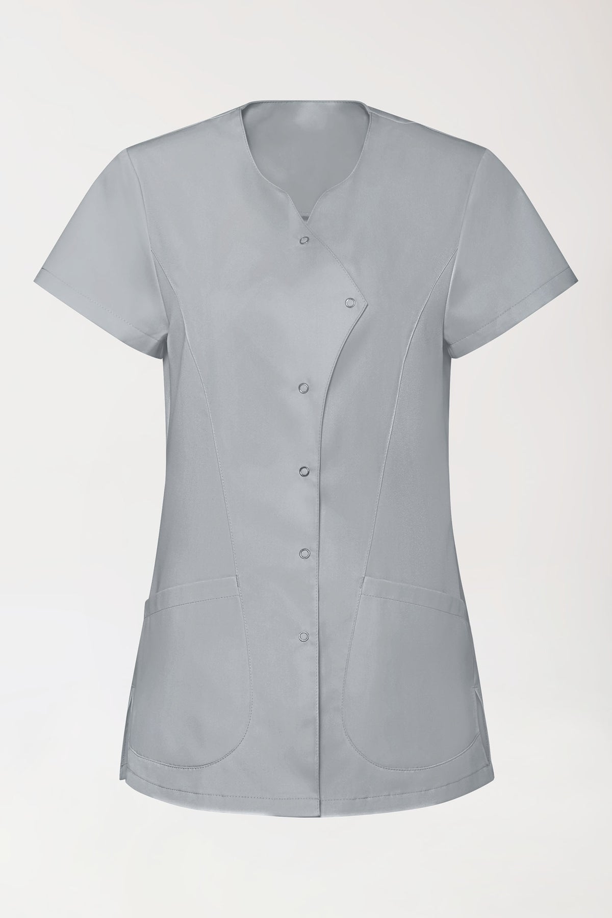 GREEN Stretch Kasack Damen - asymmetrische Druckknopfleiste perlgrau