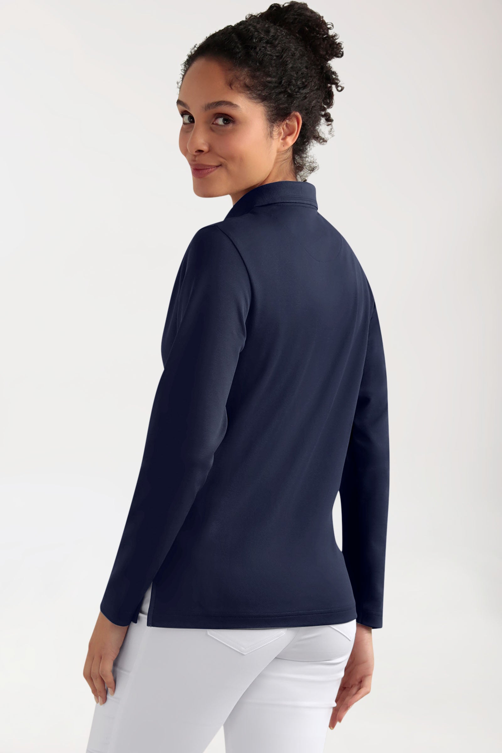 COMFY FLEX Stretch Longsleeve Damen - Polokragen navy, Rückansicht 