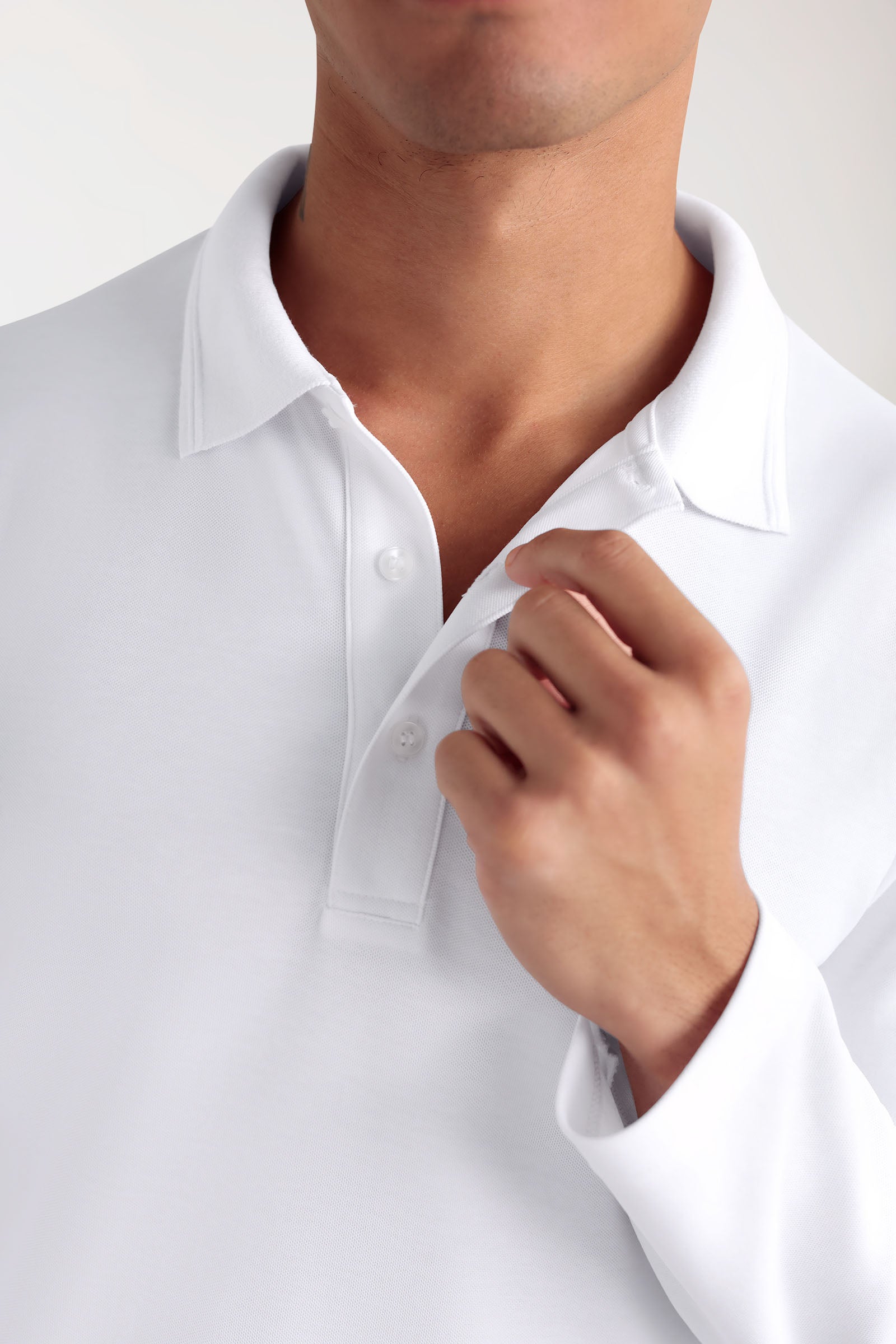 CORE Longsleeve Herren Double Face Piqué - Polokragen weiß