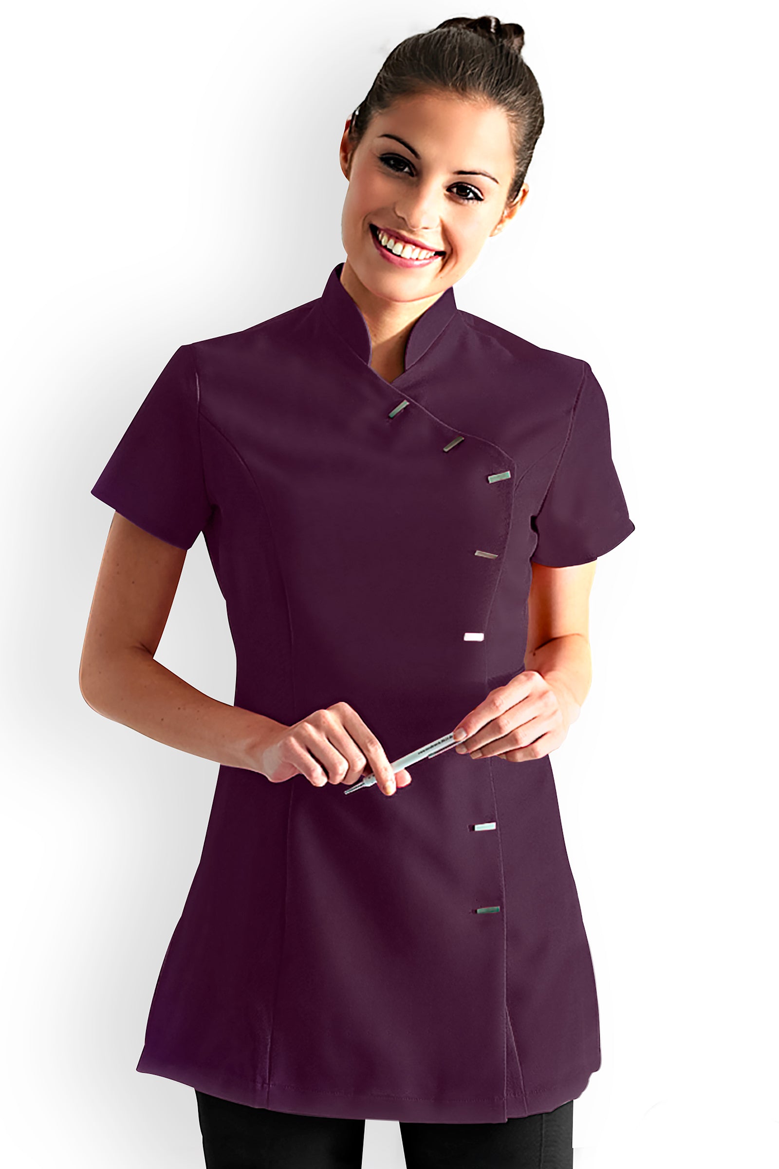 Stretchkasack Damen - asymmetrische Knopfleiste dark pflaume, Vorderansicht 