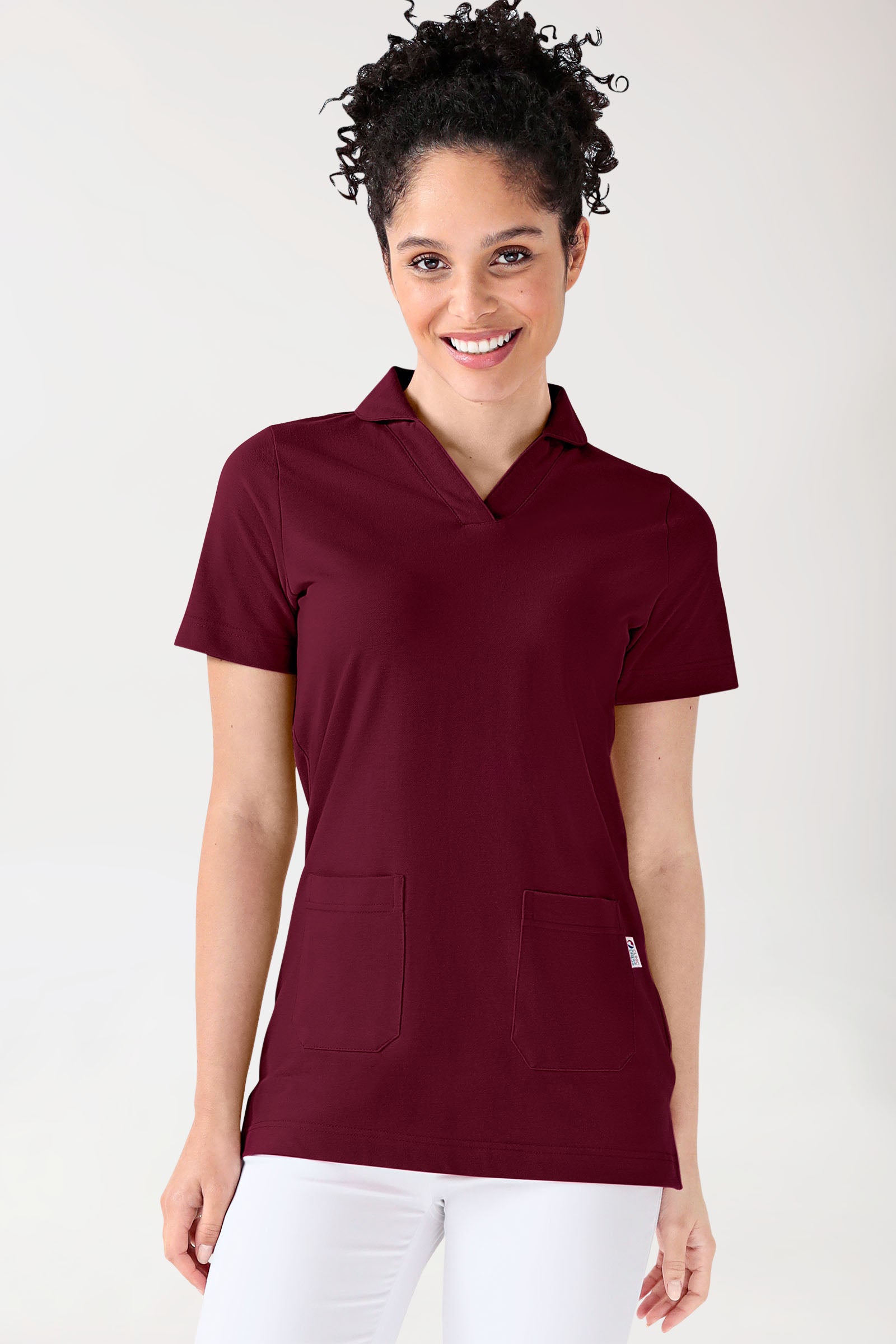 Piqué Longshirt Damen - mit Kragen bordeaux, Vorderansicht 