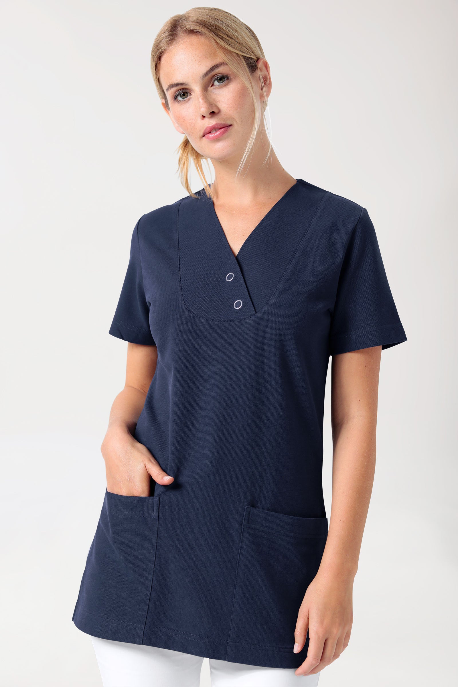 Piqué Longshirt Damen - V-Ausschnitt navy, Vorderansicht 
