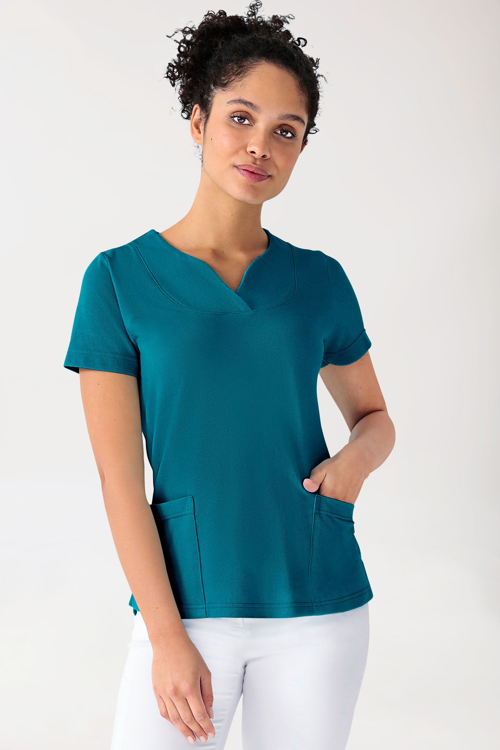 Piqué Longshirt Damen - diagonaler Ausschnitt petrol, Vorderansicht 