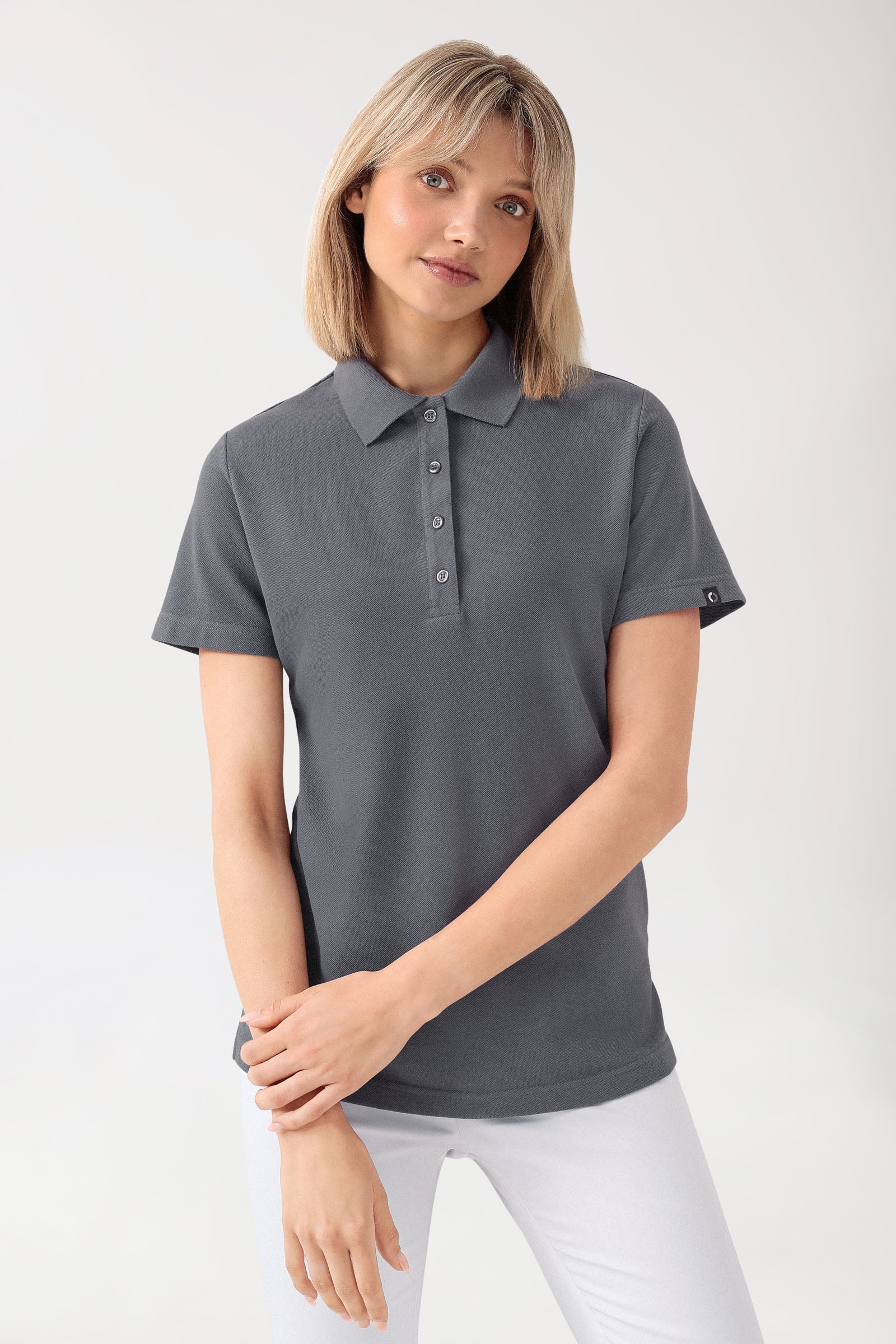 CORE Shirt Damen - Polokragen steingrau, Vorderansicht 