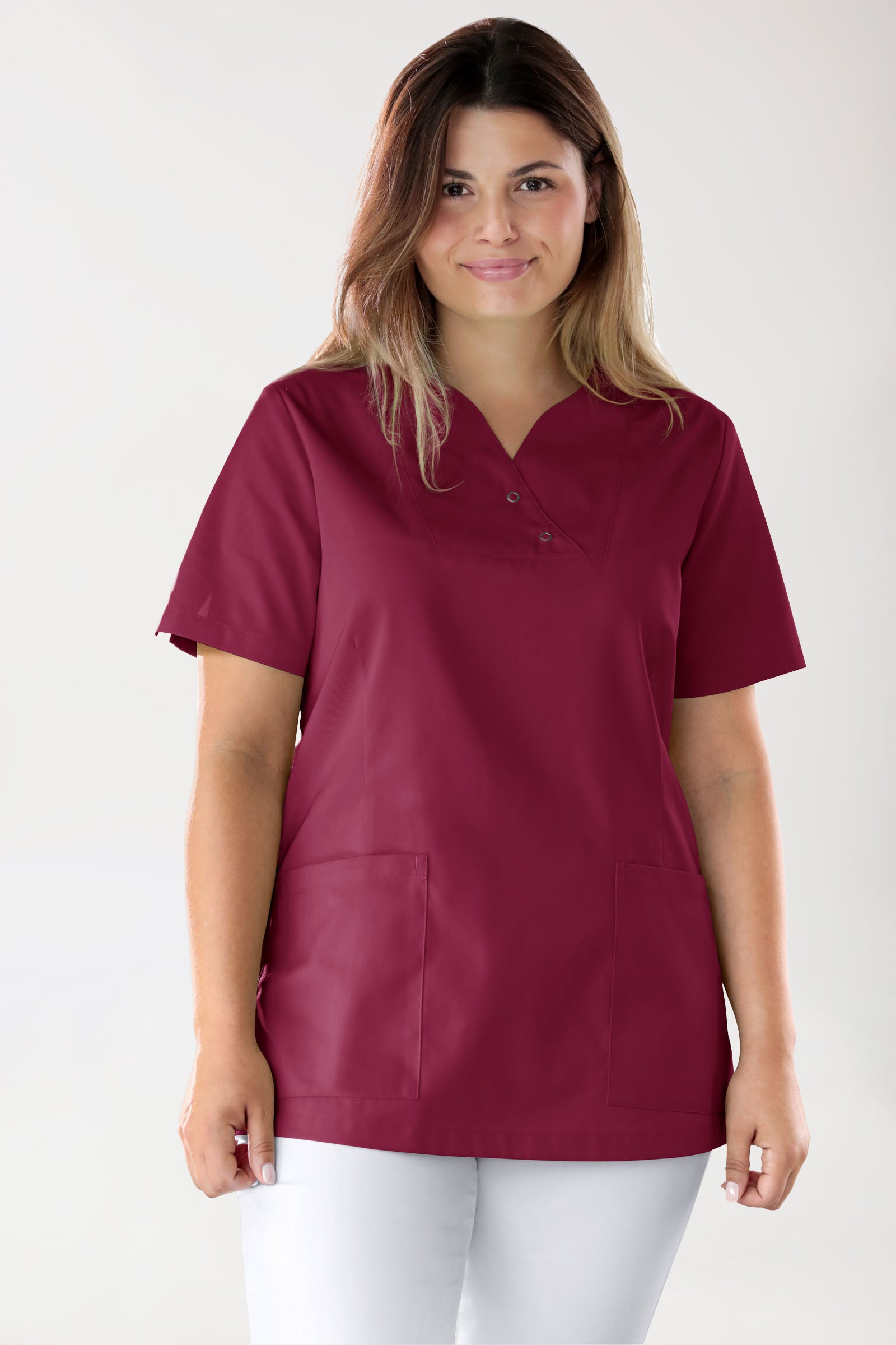 CORE Schlupfkasack Damen curved fit - mit Druckknöpfen bordeaux, Vorderansicht 