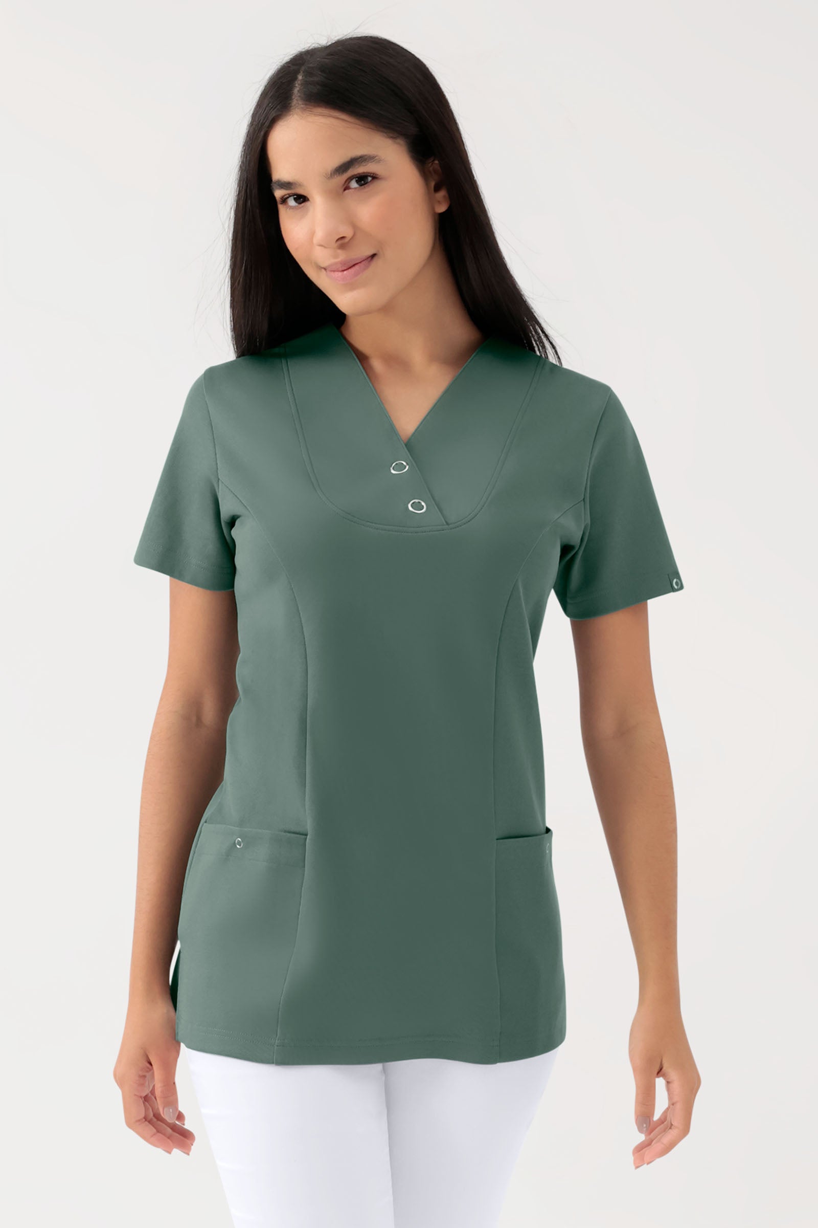 COMFY FLEX Stretch Schlupfkasack Damen - mit Druckknöpfen dunkelgrün, Vorderansicht 