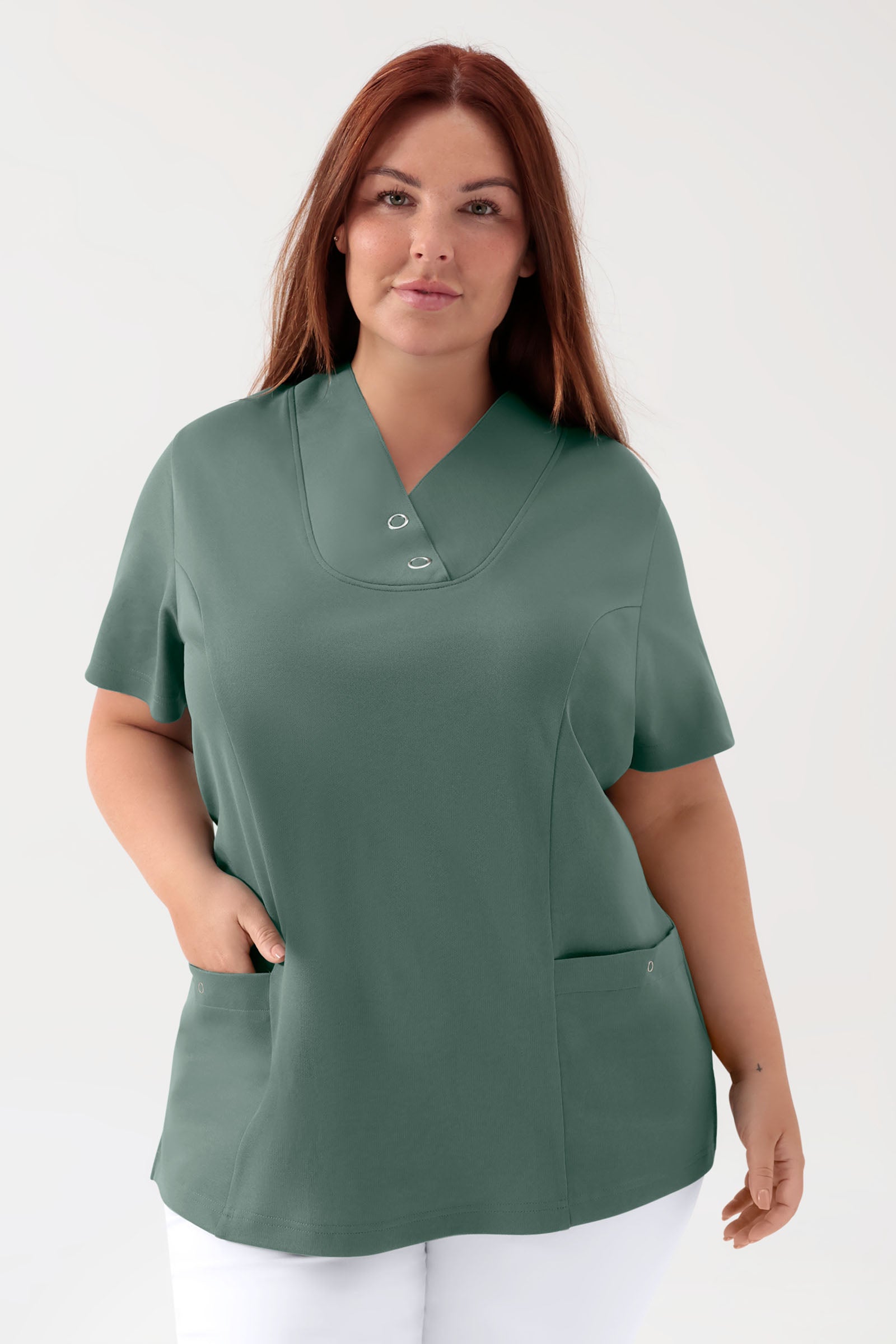 COMFY FLEX Stretch Schlupfkasack Damen - mit Druckknöpfen dunkelgrün, Vorderansicht 