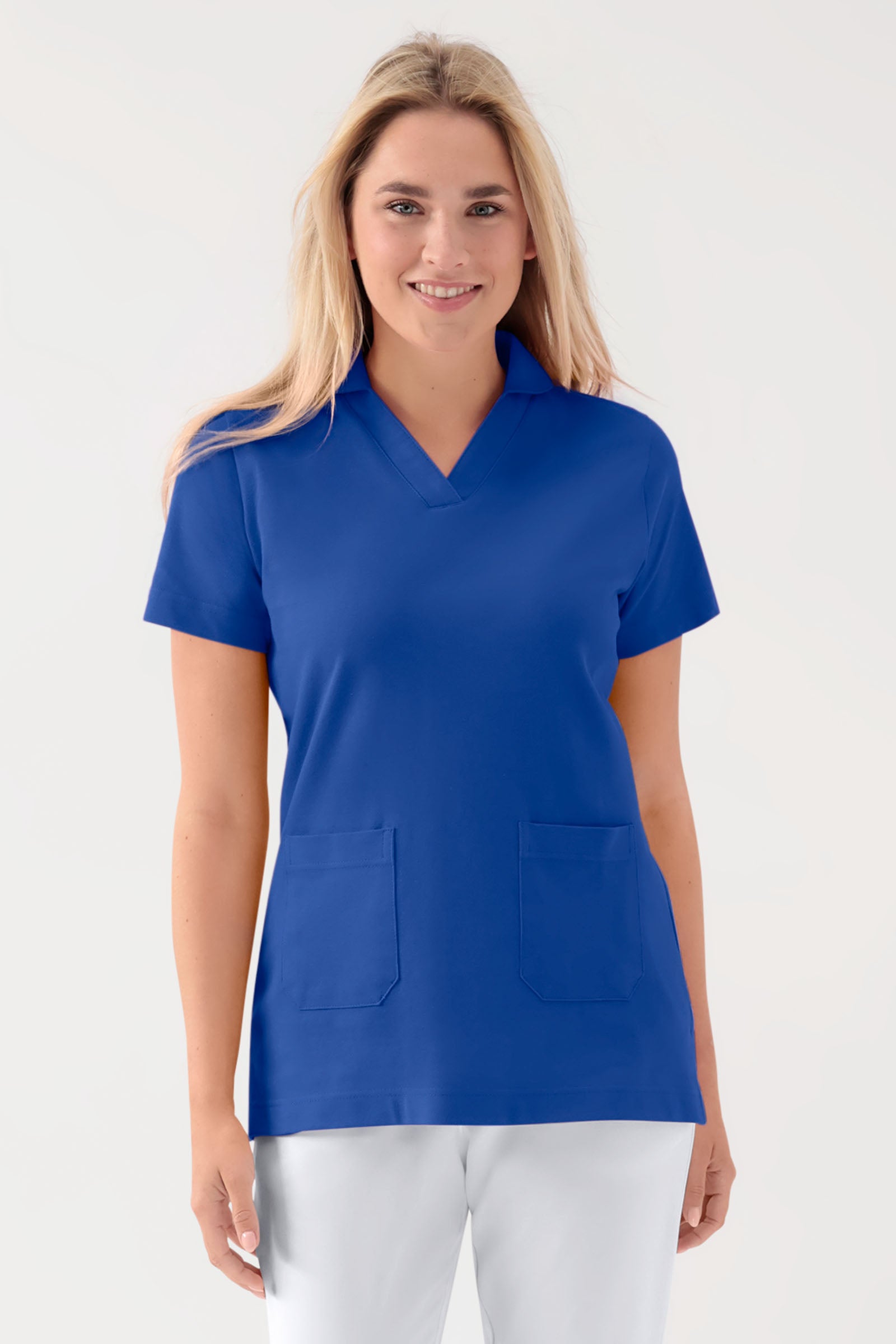 COMFY FLEX Stretch Schlupfkasack Damen - Schalkragen königsblau, Vorderansicht 