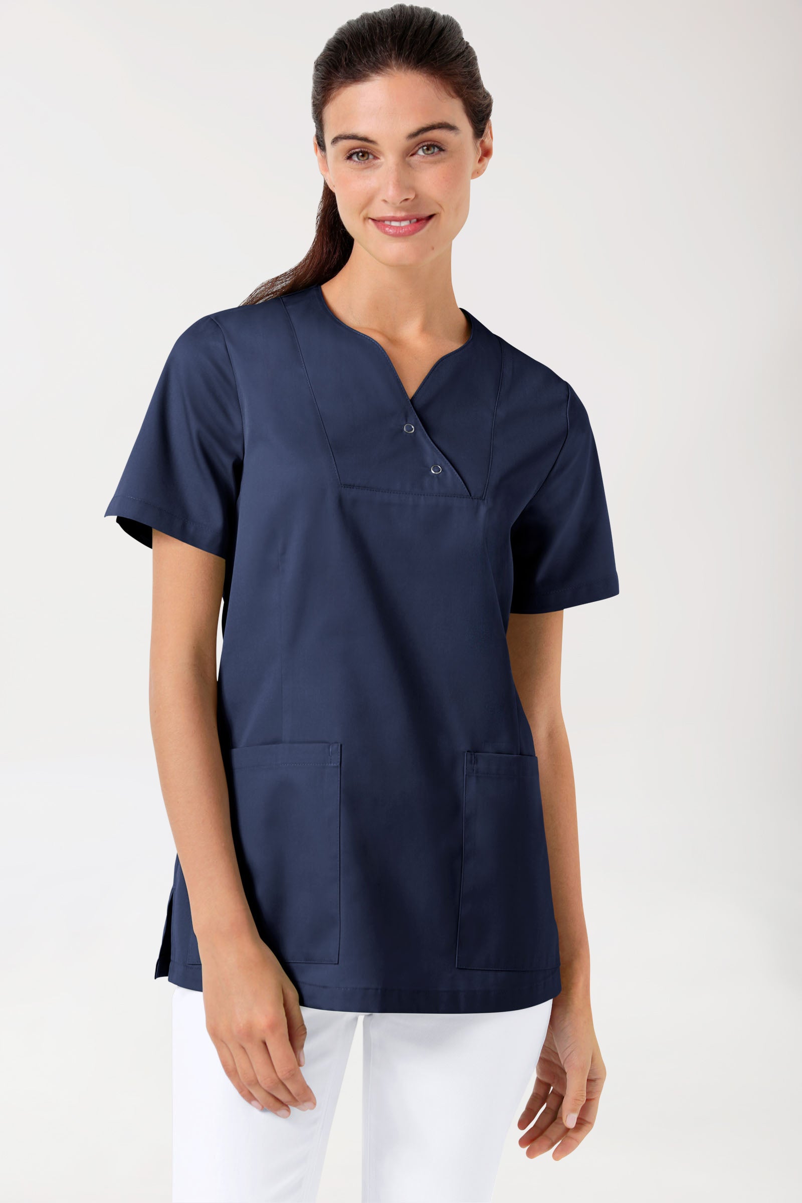 CORE Schlupfkasack Damen curved fit - mit Druckknöpfen navy, Vorderansicht 