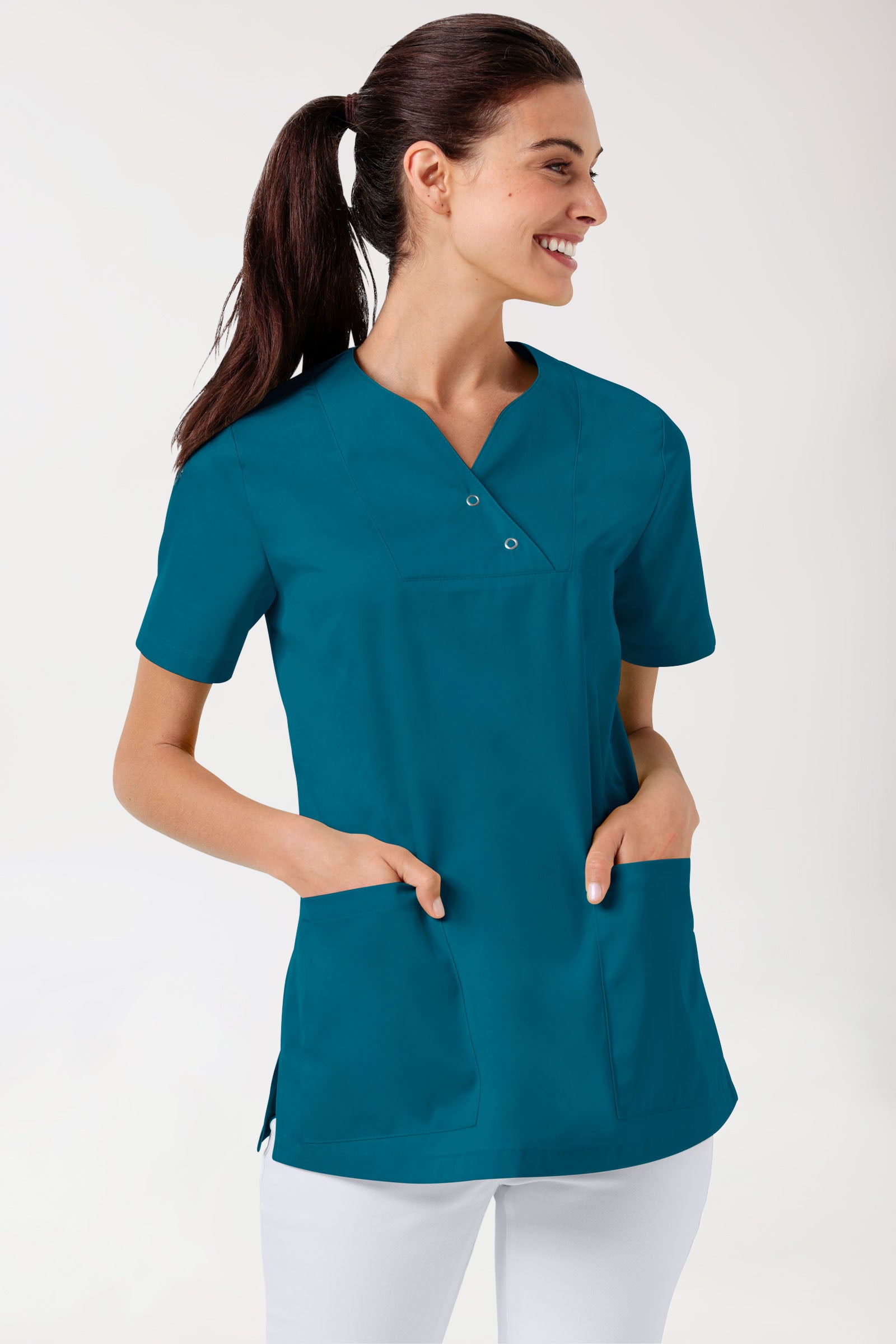 CORE Schlupfkasack Damen curved fit - mit Druckknöpfen petrol, Vorderansicht 