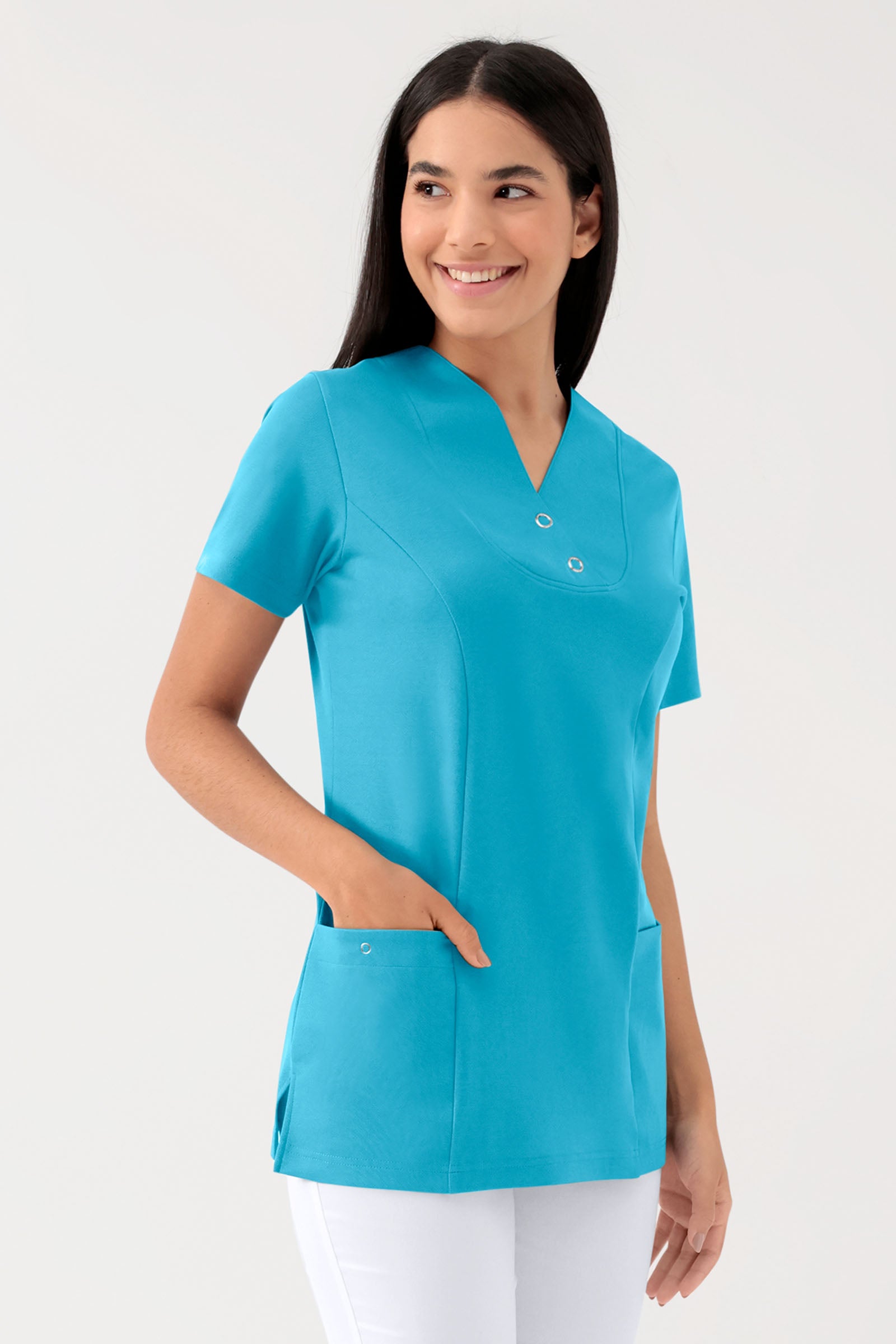 COMFY FLEX Stretch Schlupfkasack Damen - mit Druckknöpfen türkis, Vorderansicht 