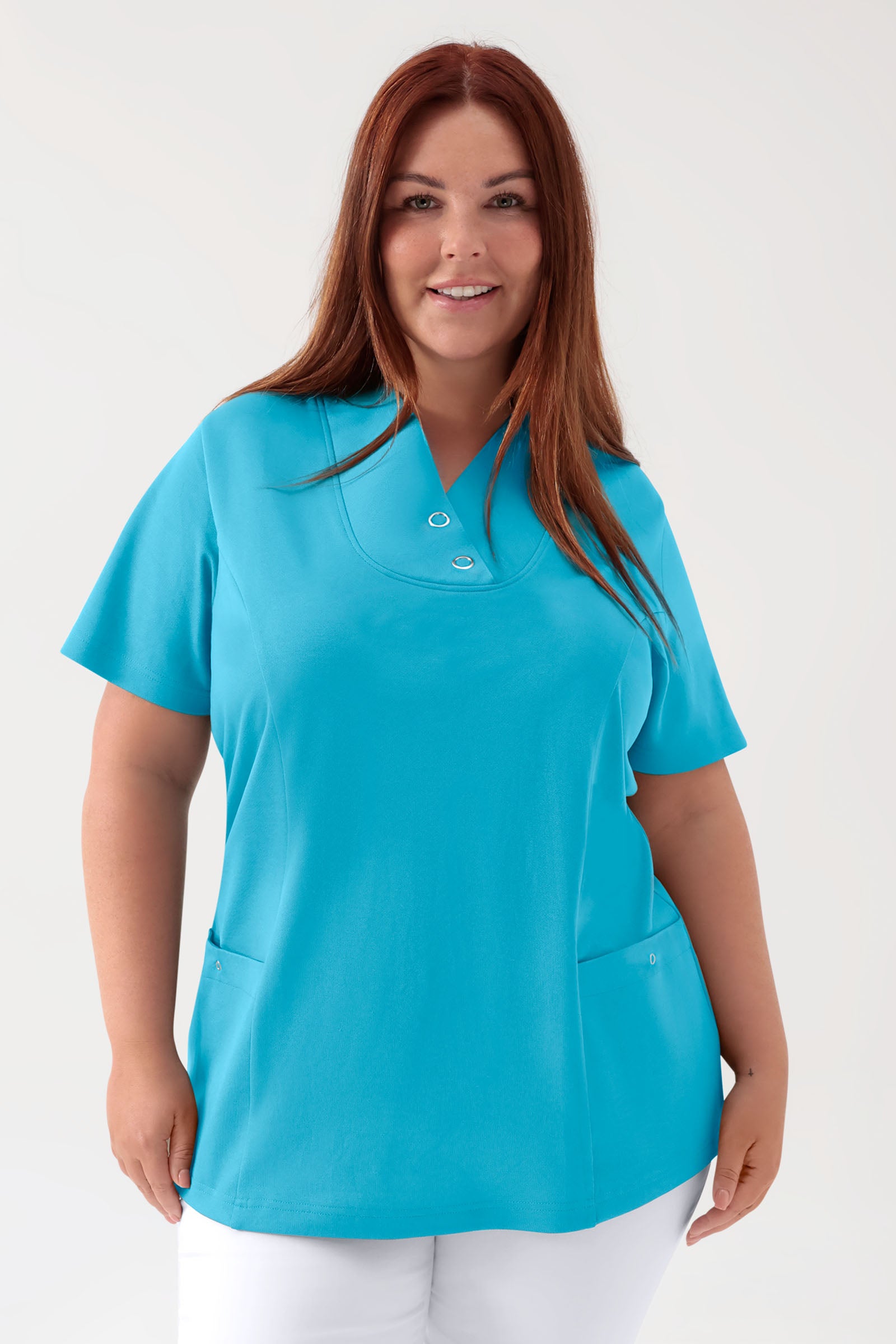 COMFY FLEX Stretch Schlupfkasack Damen - mit Druckknöpfen türkis, Vorderansicht 