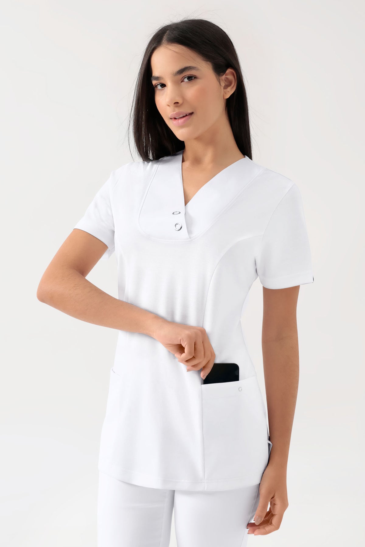 COMFY FLEX Stretch Schlupfkasack Damen - mit Druckknöpfen weiß, Vorderansicht 