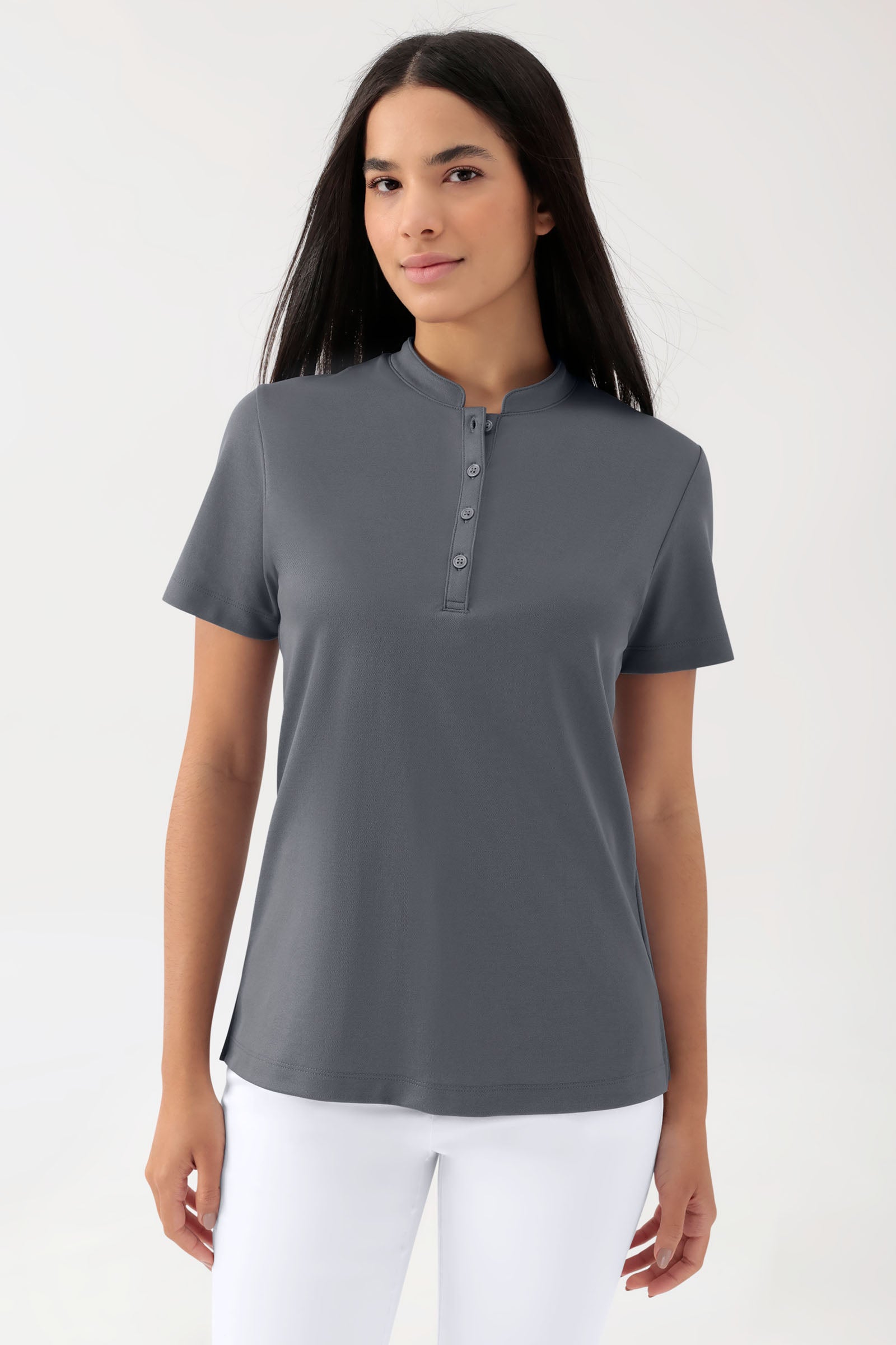 COMFY FLEX Stretch Shirt Damen - Stehkragen steingrau, Vorderansicht 