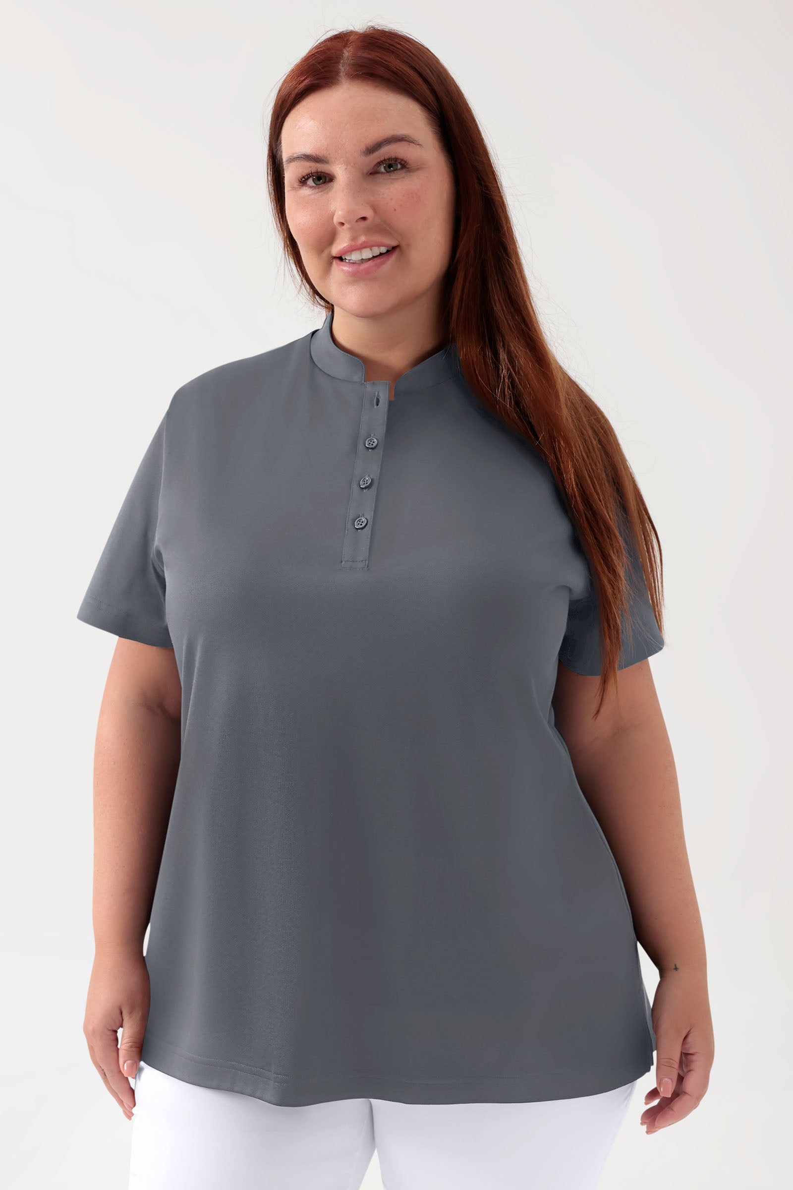 COMFY FLEX Stretch Shirt Damen - Stehkragen steingrau, Vorderansicht 