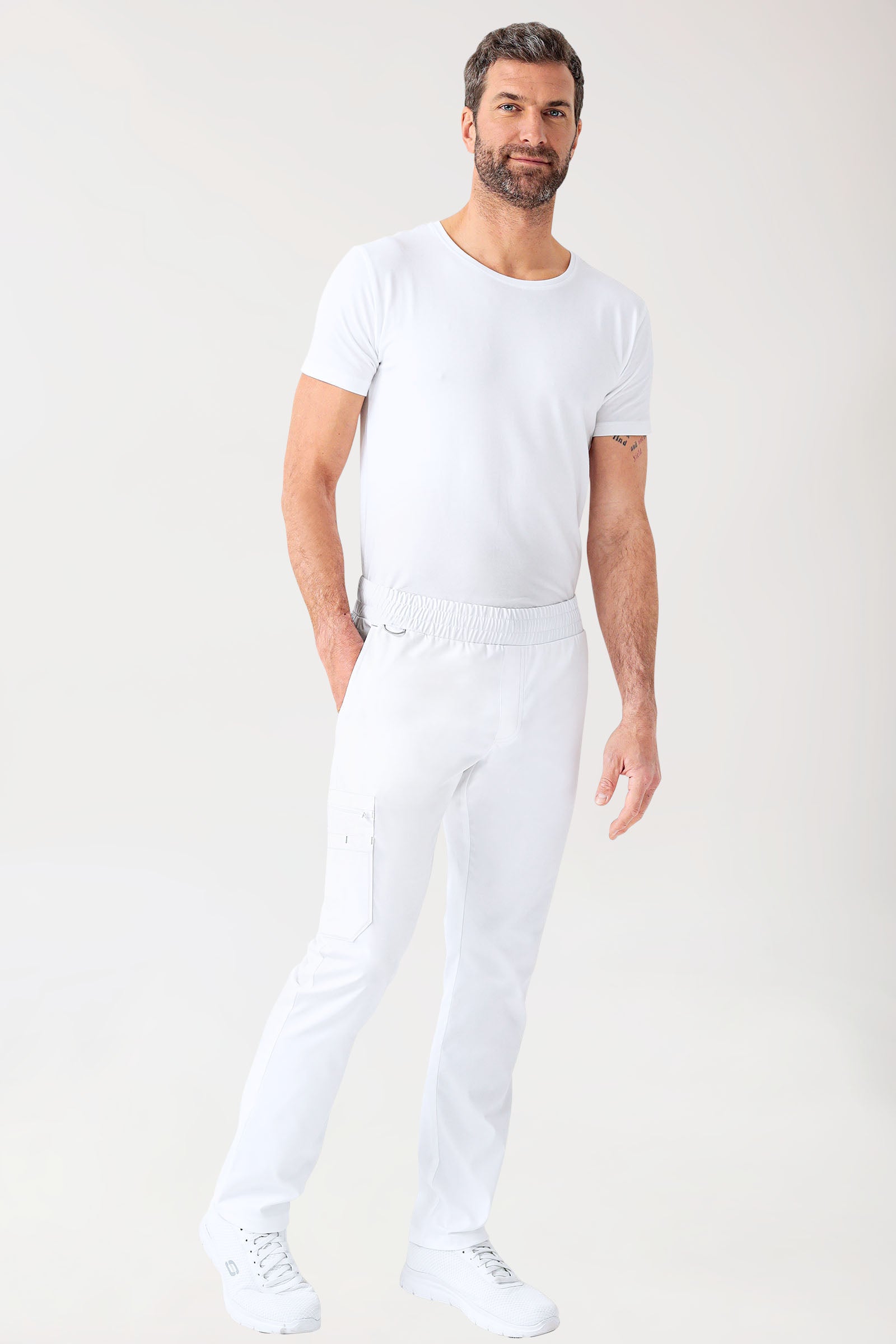 CLINIC STRETCH Hose Herren - gerader Saum weiß/grau, Vorderansicht 