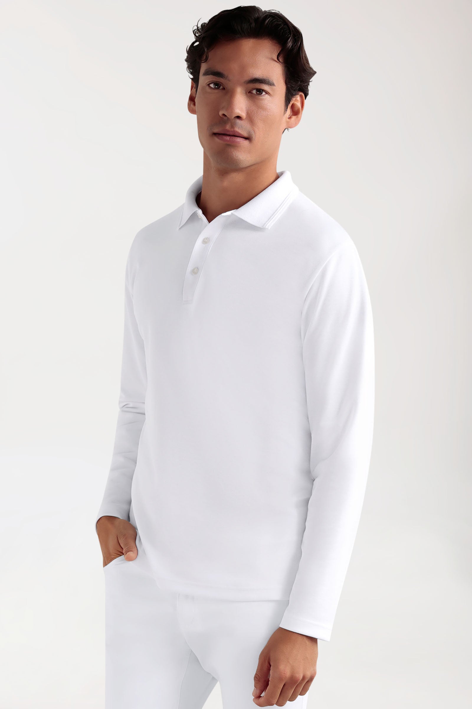 CORE Longsleeve Herren Double Face Piqué - Polokragen weiß, Vorderansicht 