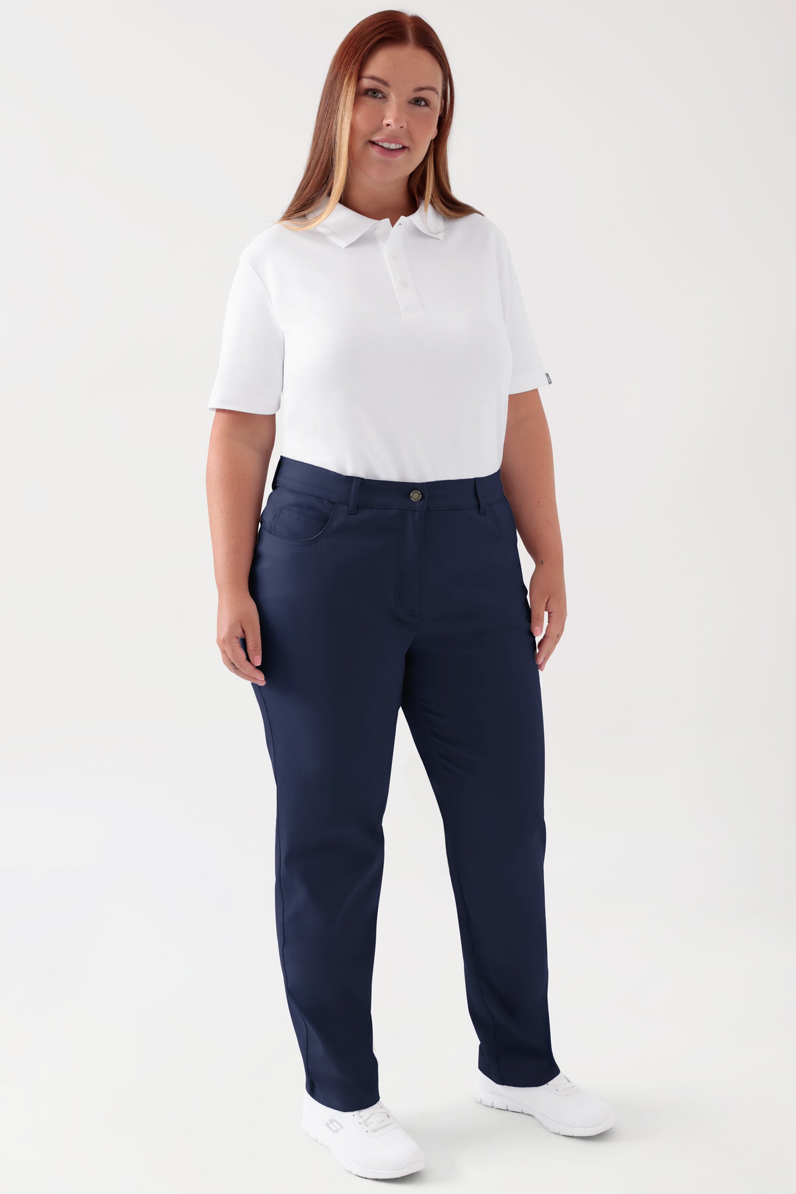 COMFY FLEX 5-Pocket Hose Damen - gerades Bein navy, Vorderansicht Das Model ist 173 cm groß und trägt Größe 46