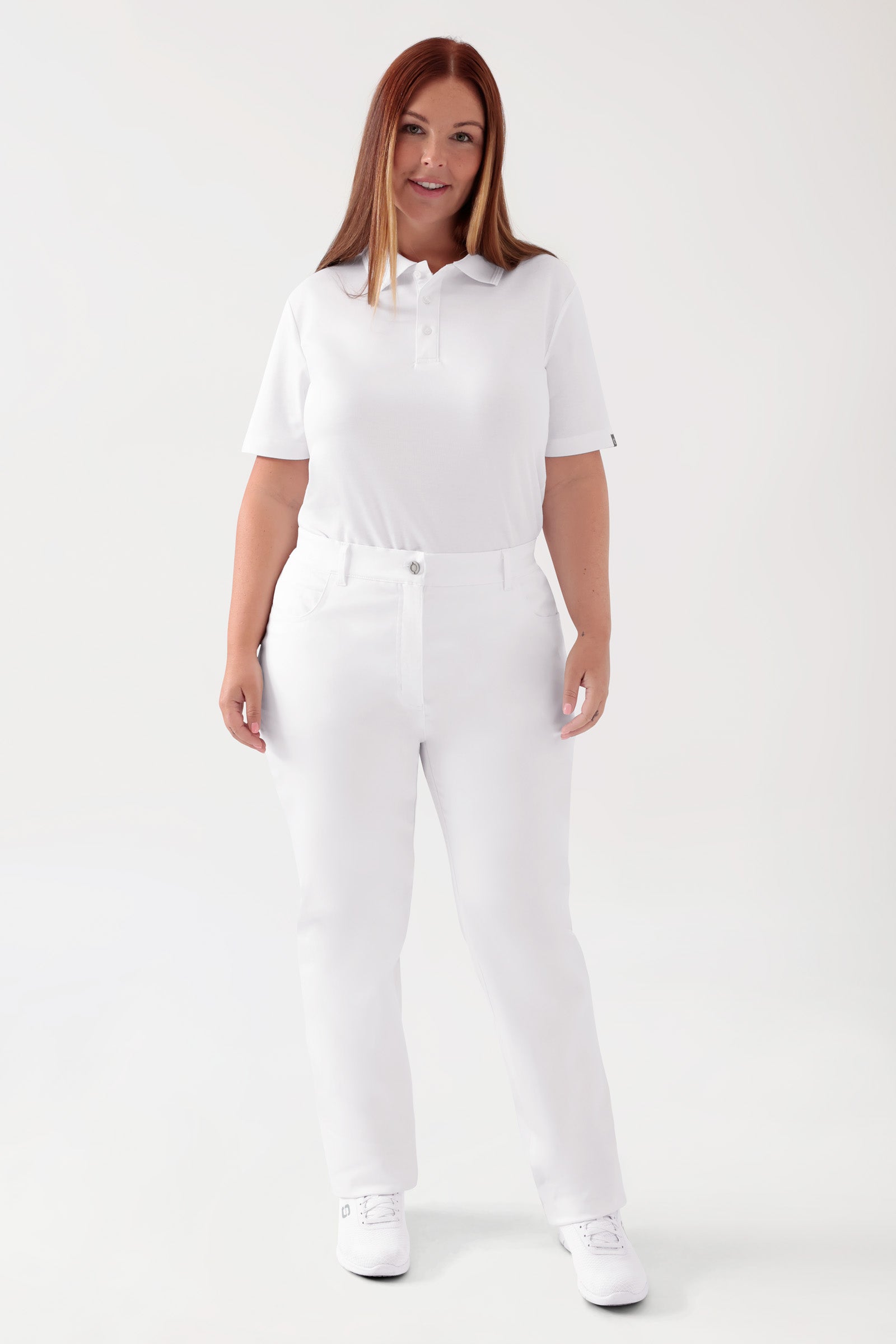 COMFY FLEX 5-Pocket Hose Damen - gerades Bein weiß, Vorderansicht Das Model ist 173 cm groß und trägt Größe 46