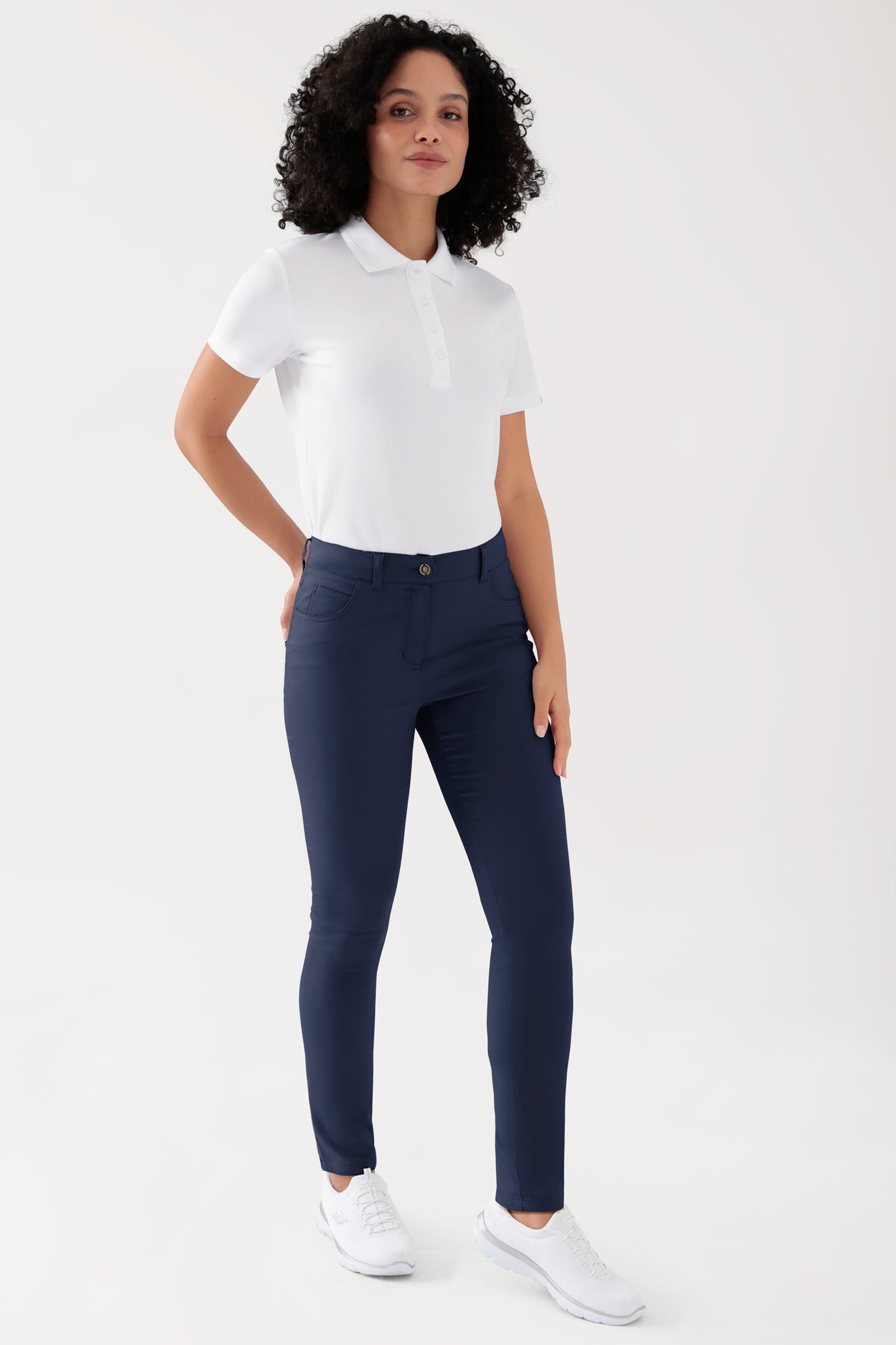 COMFY FLEX 5-Pocket Hose Damen - schlankes Bein navy, Vorderansicht Das Model ist 176 cm groß und trägt Größe 36