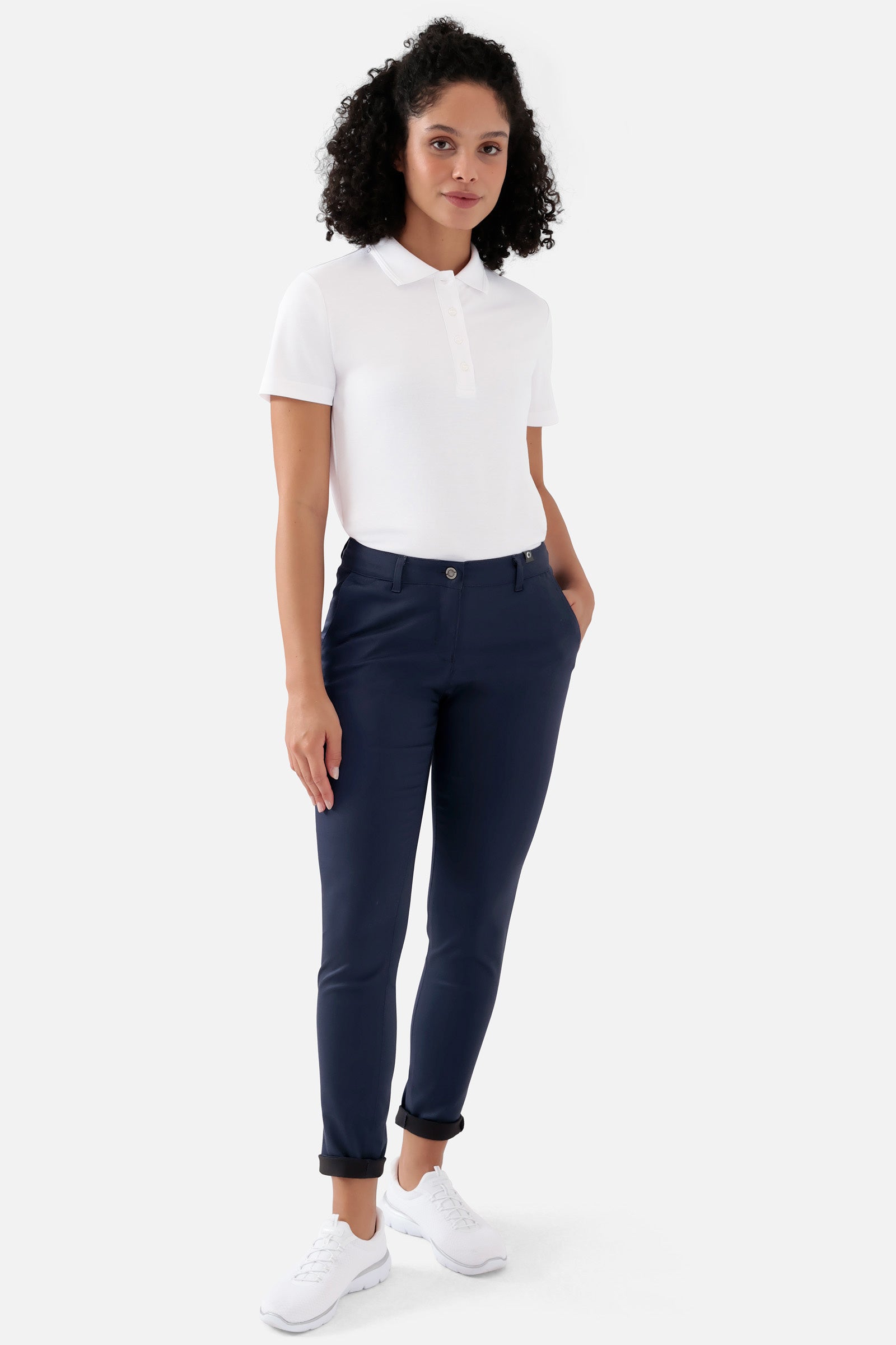 COMFY FLEX Hose Damen - Chino Style navy, Vorderansicht Das Model ist 176 cm groß und trägt Größe 36