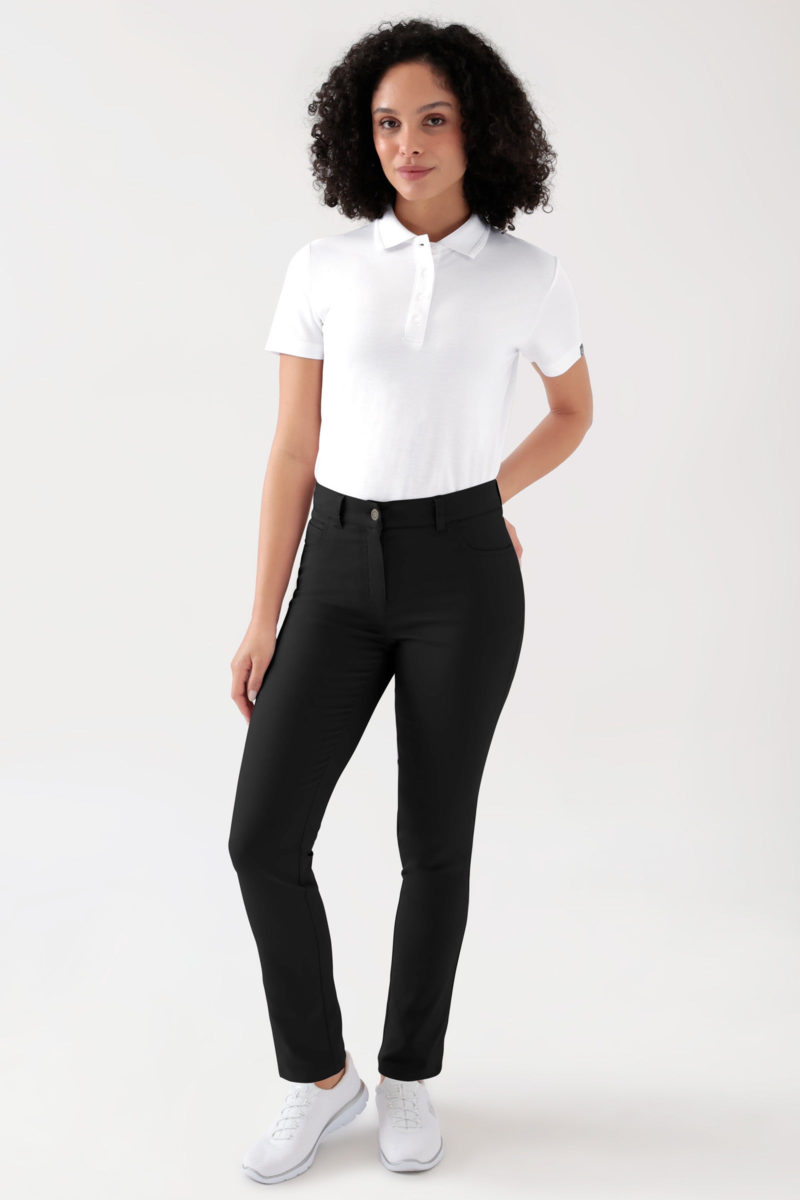 COMFY FLEX 5-Pocket Hose Damen - gerades Bein schwarz, Vorderansicht Das Model ist 176 cm groß und trägt Größe 36