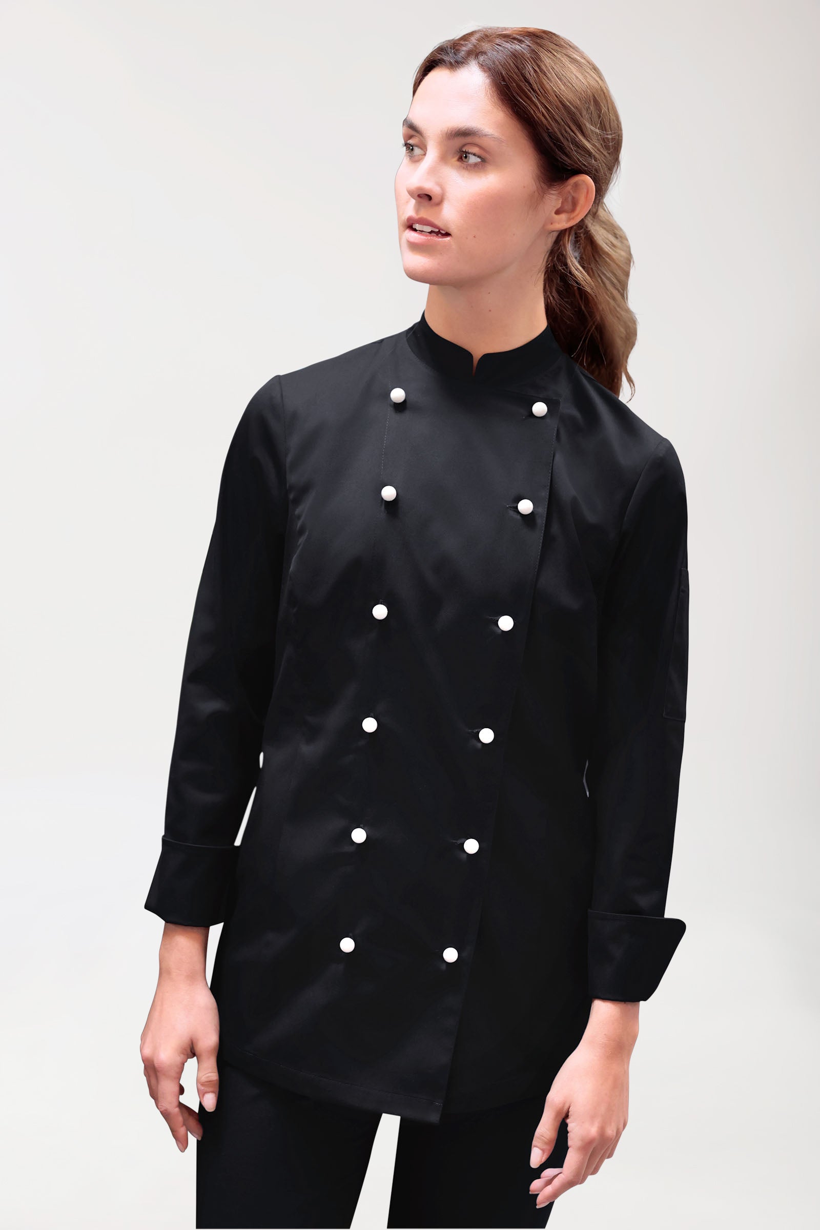 Gastro Kochjacke Damen - 6er Knopfreihe - 1/1 Arm schwarz, Vorderansicht 