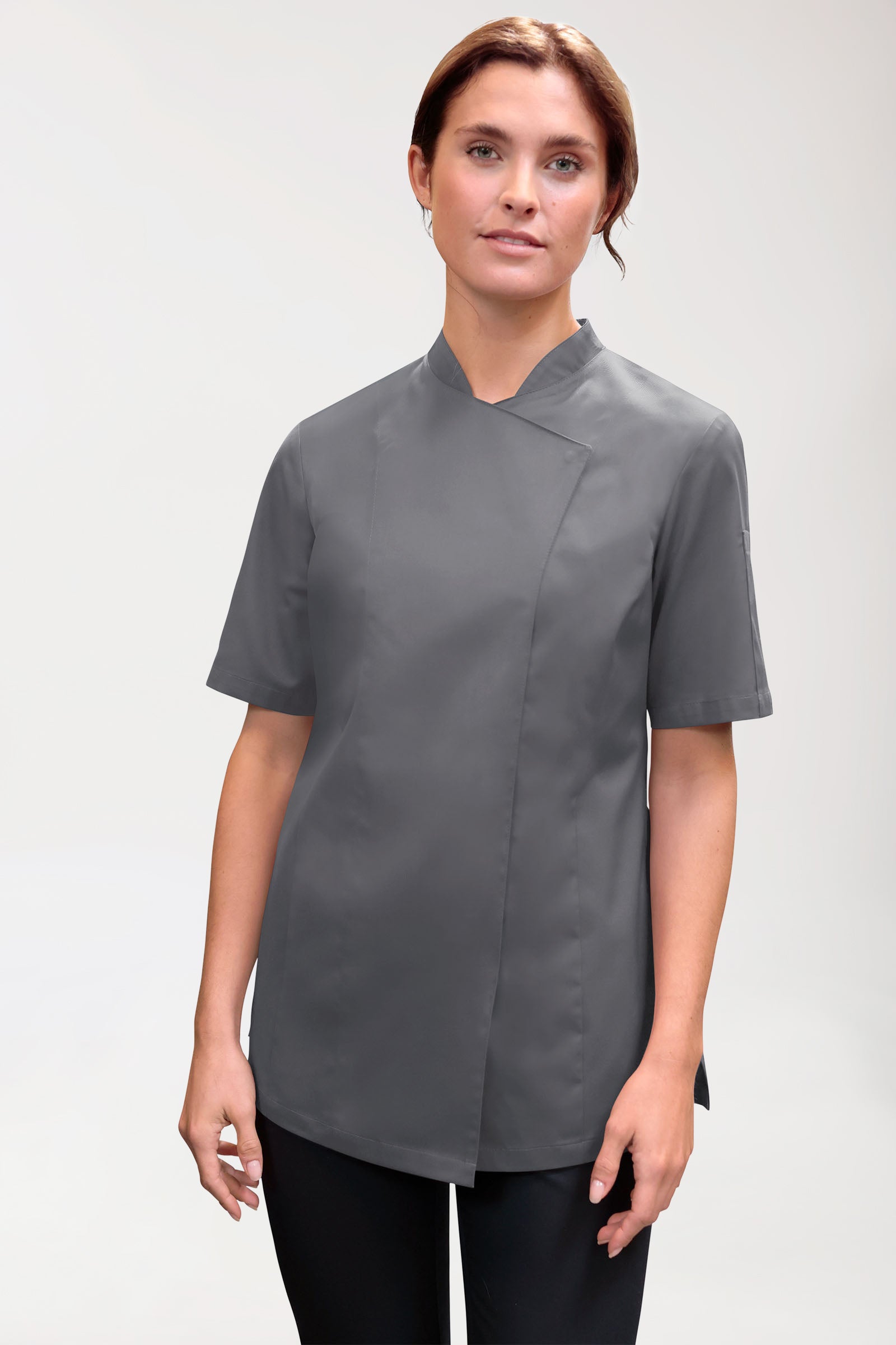 Gastro Kochjacke Damen - 1/2 Arm steingrau, Vorderansicht 