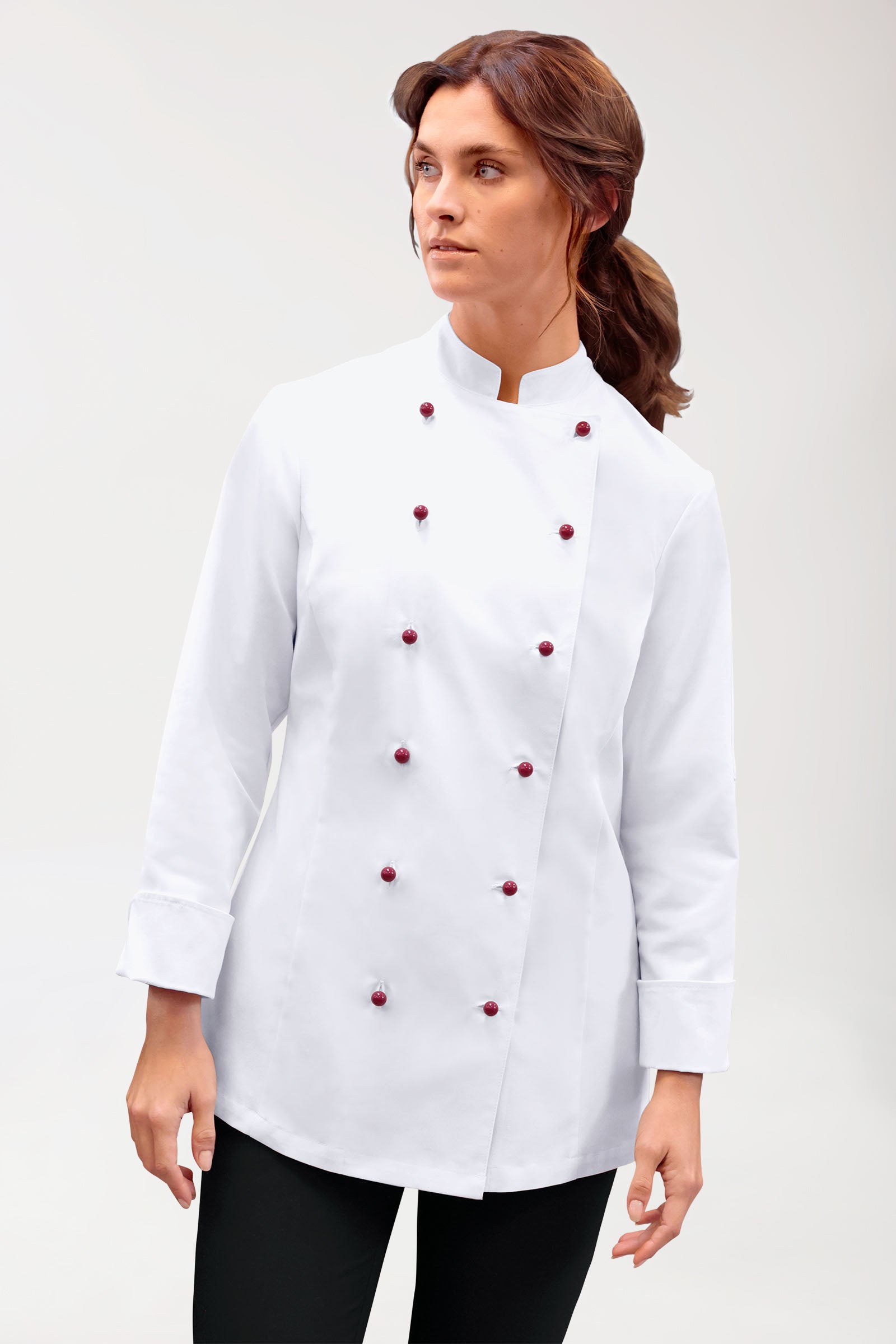 Gastro Kochjacke Damen - 6er Knopfreihe - 1/1 Arm weiß, Vorderansicht 