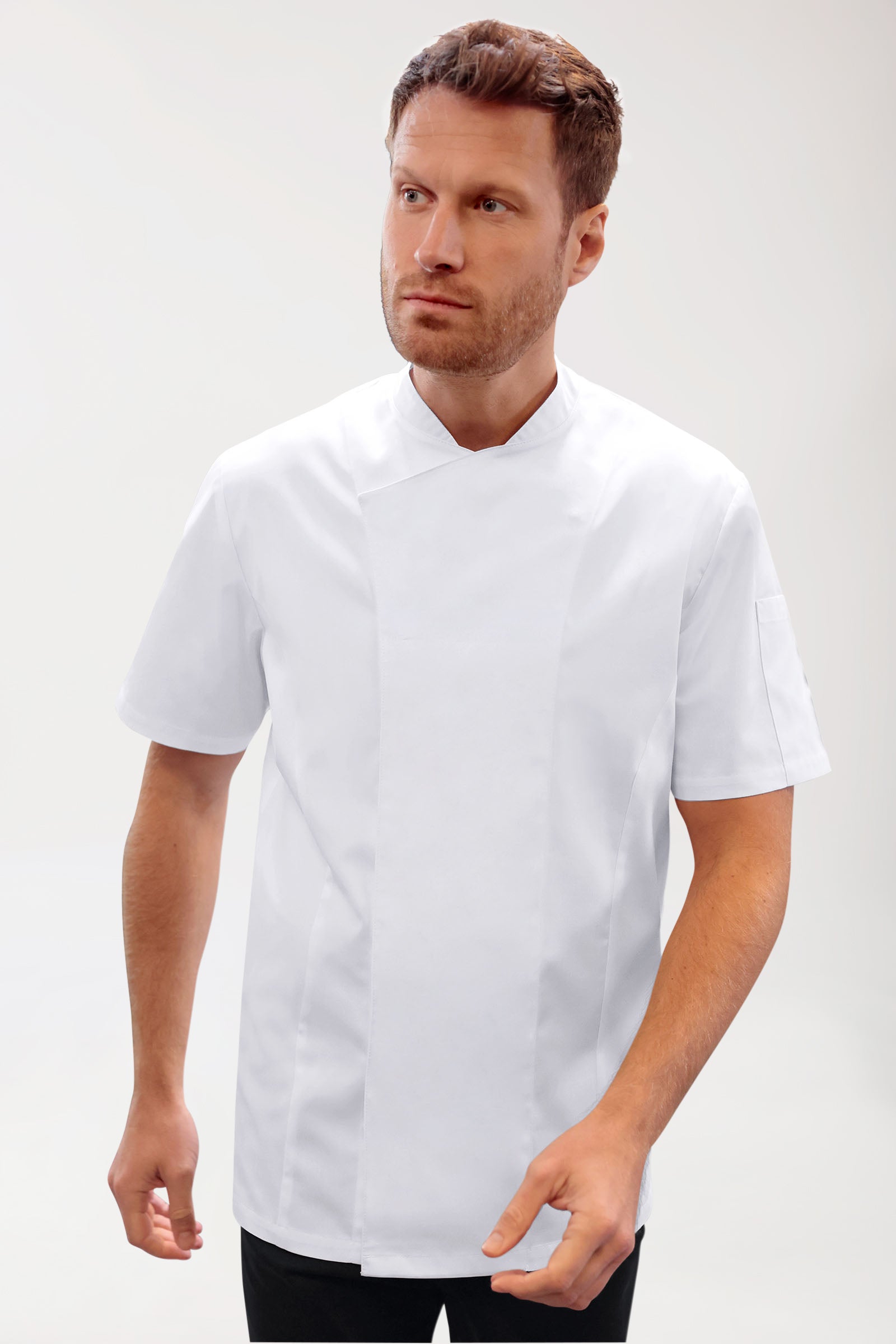 Gastro Kochjacke Herren - Druckknopfleiste - 1/2 Arm weiß, Vorderansicht 