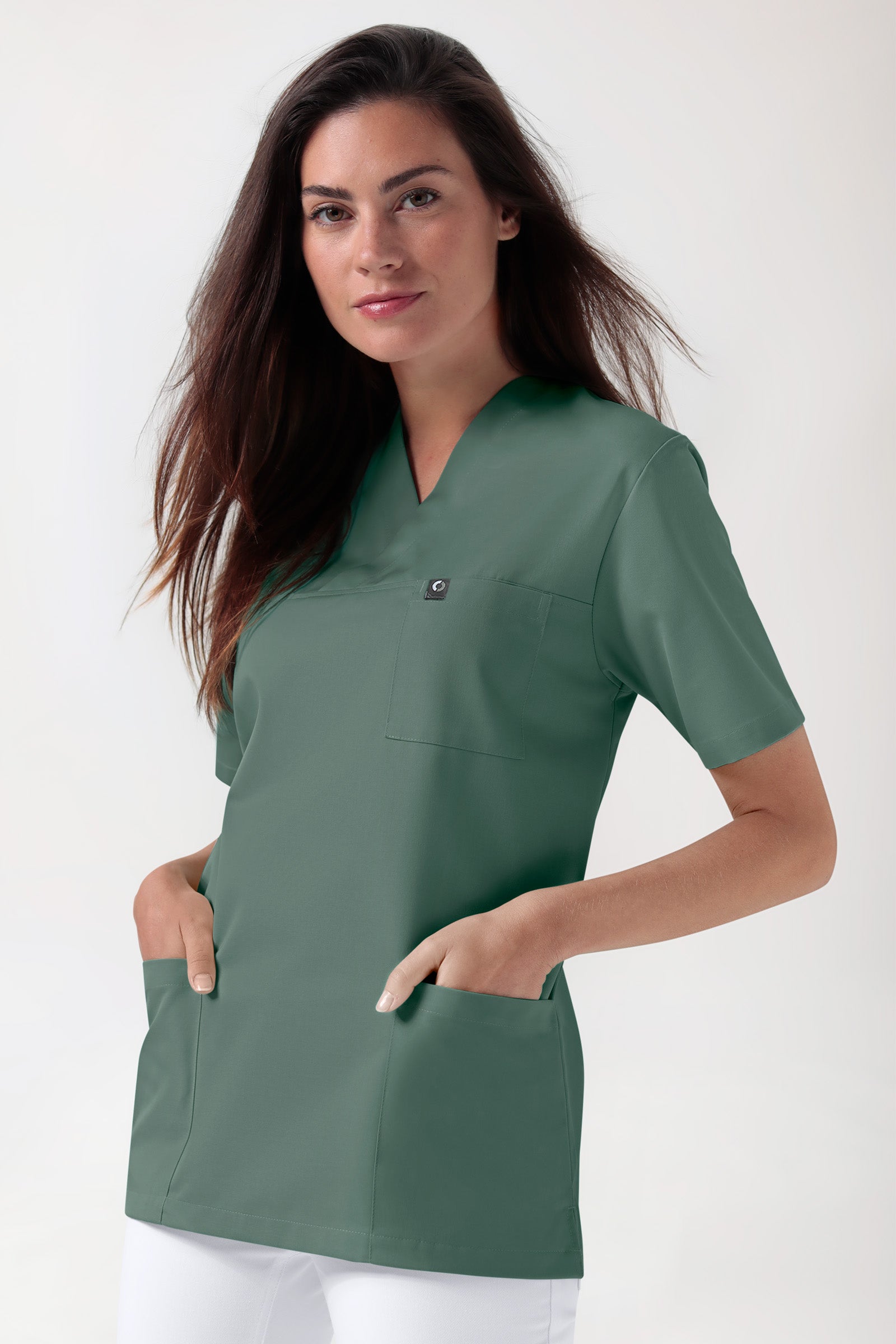 GREEN Stretch Schlupfkasack Unisex - V-Ausschnitt dunkelgrün, Vorderansicht 