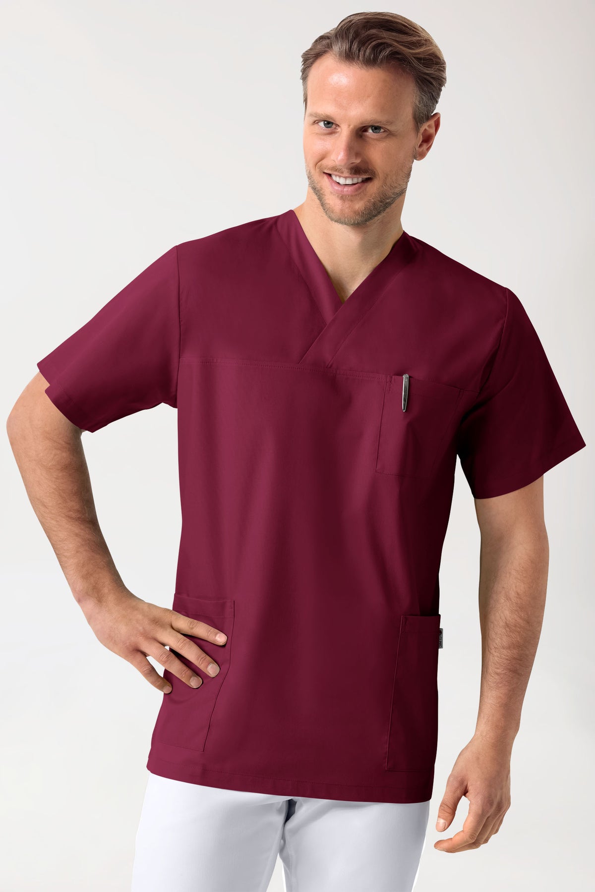 Stretch Schlupfkasack Unisex - V-Ausschnitt bordeaux, Vorderansicht 