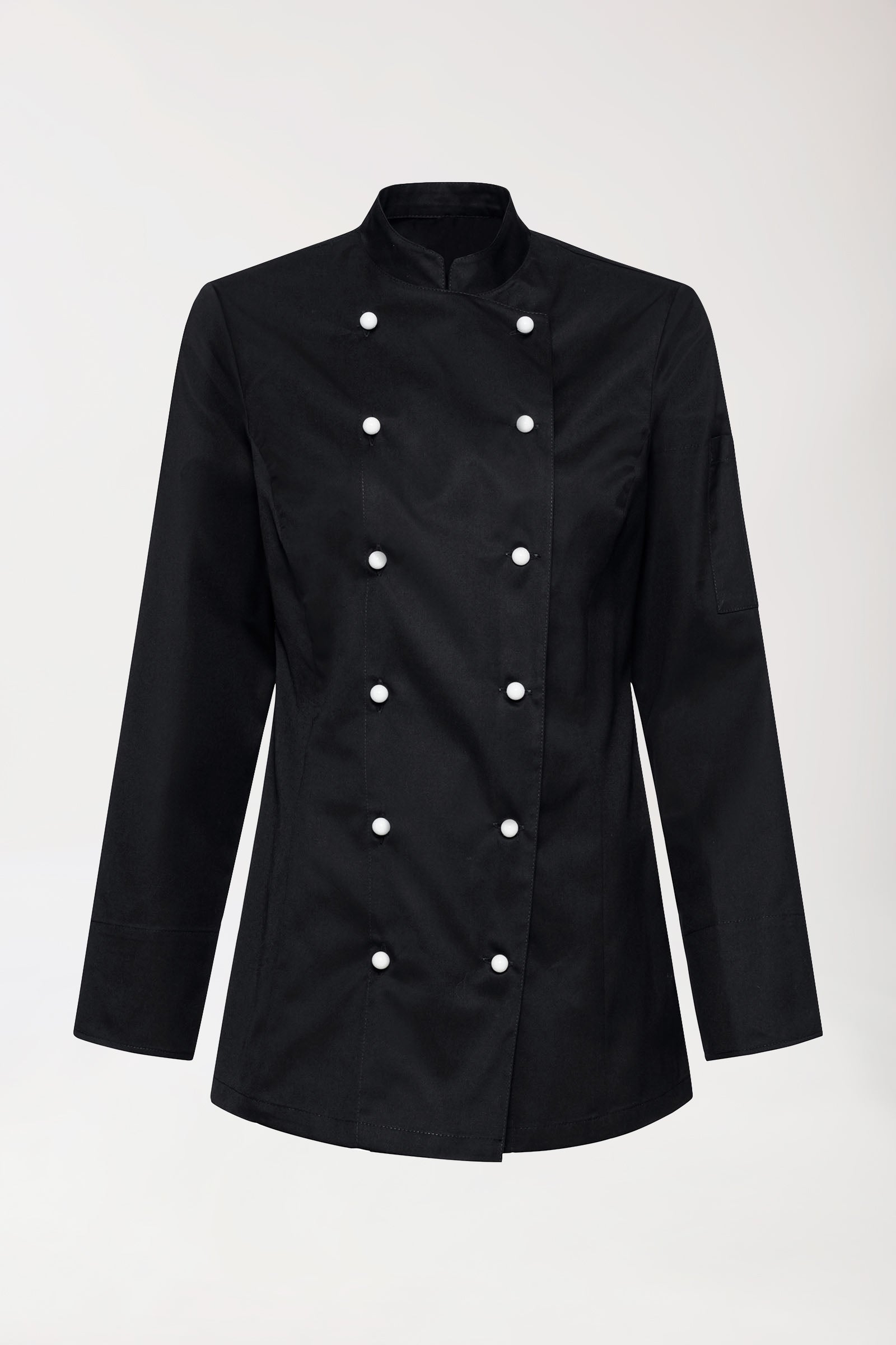 Gastro Kochjacke Damen - 6er Knopfreihe - 1/1 Arm schwarz, Vorderansicht 